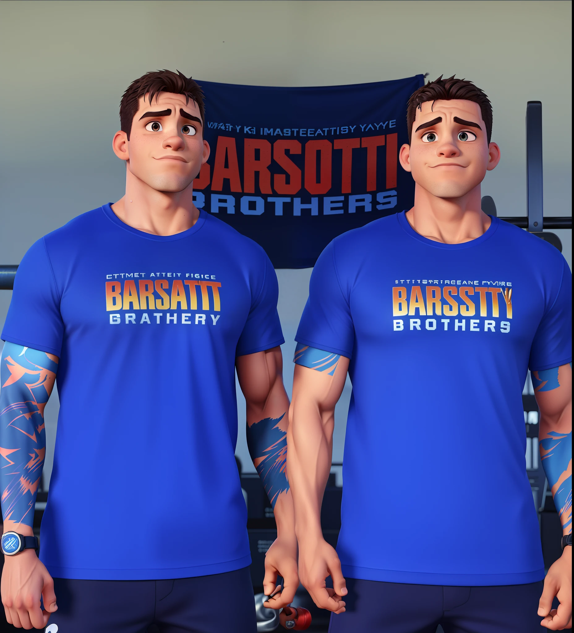 (best quality,4k,8k,highres,masterpiece:1.2),ultra-detailed,(realistic,photorealistic,photo-realistic:1.37), Two brothers in crossfit, muscular and toned bodies, sweating and exerting themselves, defined muscles, intense physical workout, displaying strength and endurance, pushing their limits, supportive and motivating, competitive spirit, determined expressions, athletic clothing, weightlifting, jumping, swinging, intense focus, gym setting, dynamic poses, energetic movements, strong brotherly bond, challenging and intense atmosphere, motivating background music, dramatic lighting, vibrant colors, cinematic composition. The eyes equal and t shirt is blue and witring Barsotti Brothers