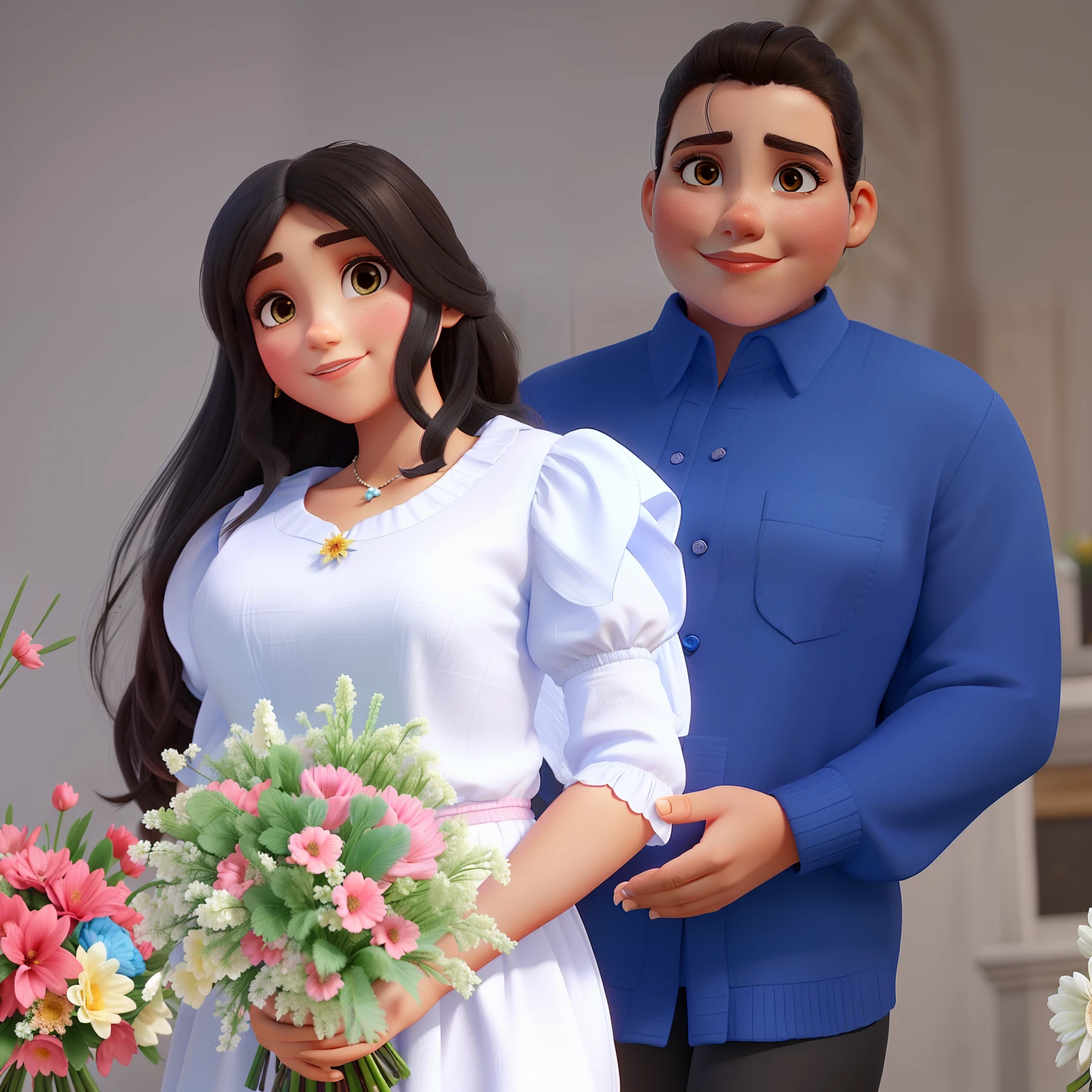 A pretty girl holding a bouquet of flowers, um rapaz bonito, vestido de azul. imaginar uma dentro de uma catedral .