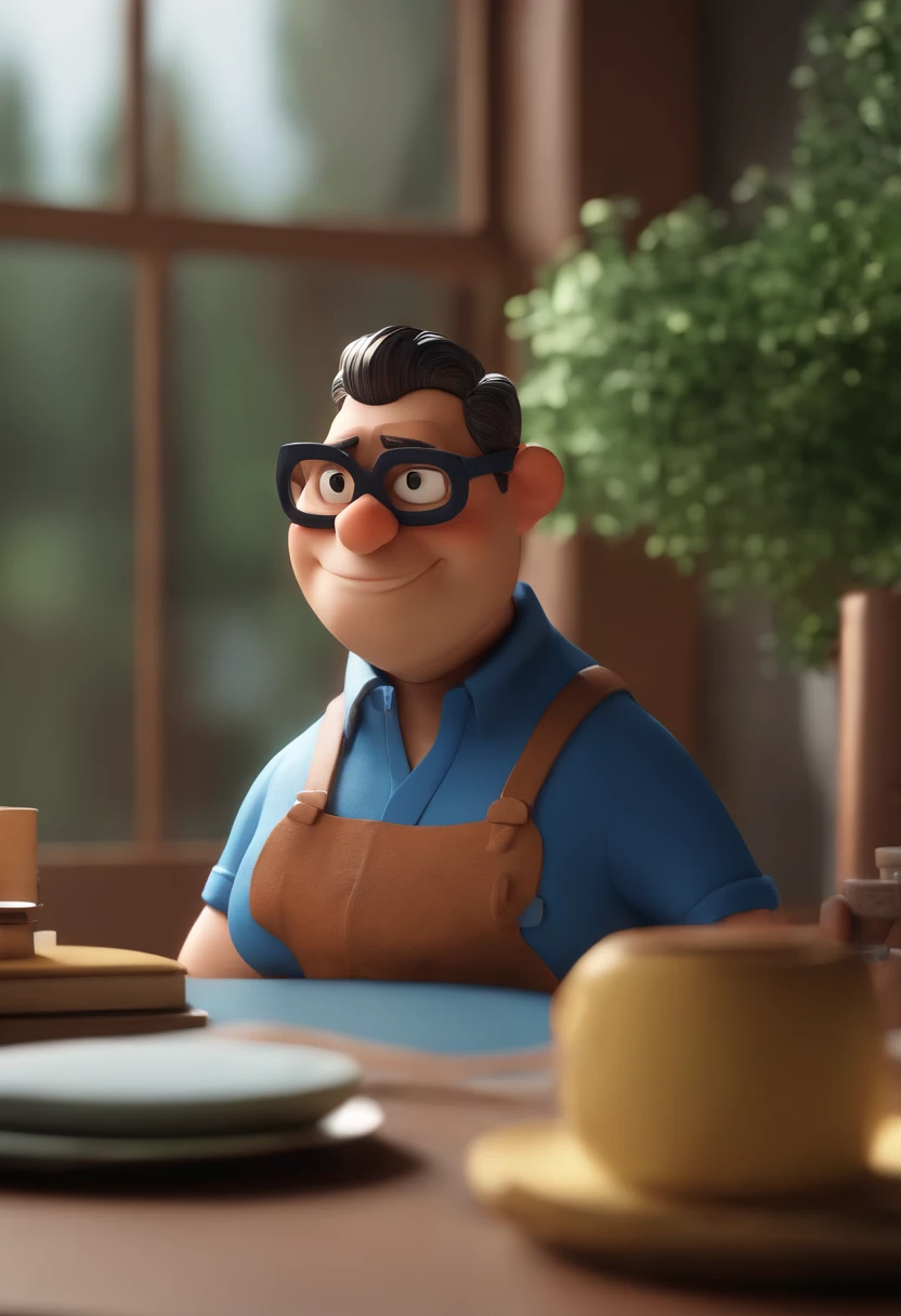 Cartoon character of a man wearing black glasses and a blue shirt, um personagem animado, Caractere estilizado, animation style rendering, 3D estilizado, Arnold Maya render, 3 d render stylized, toon render keyshot, Personagem 3D, Personagem 3D, 3d rendering stylized, 3 d character render, personagem de desenho animado, Personagem de close up, Pose de personagem, (Estilo Pixar) (master part:1.2) (Bokeh) (best quality) (pele detalhada) (textura detalhada) (8k) (argila) (Cinematic lighting) (foco nítido,Senta e vaza a parte superior do corpo