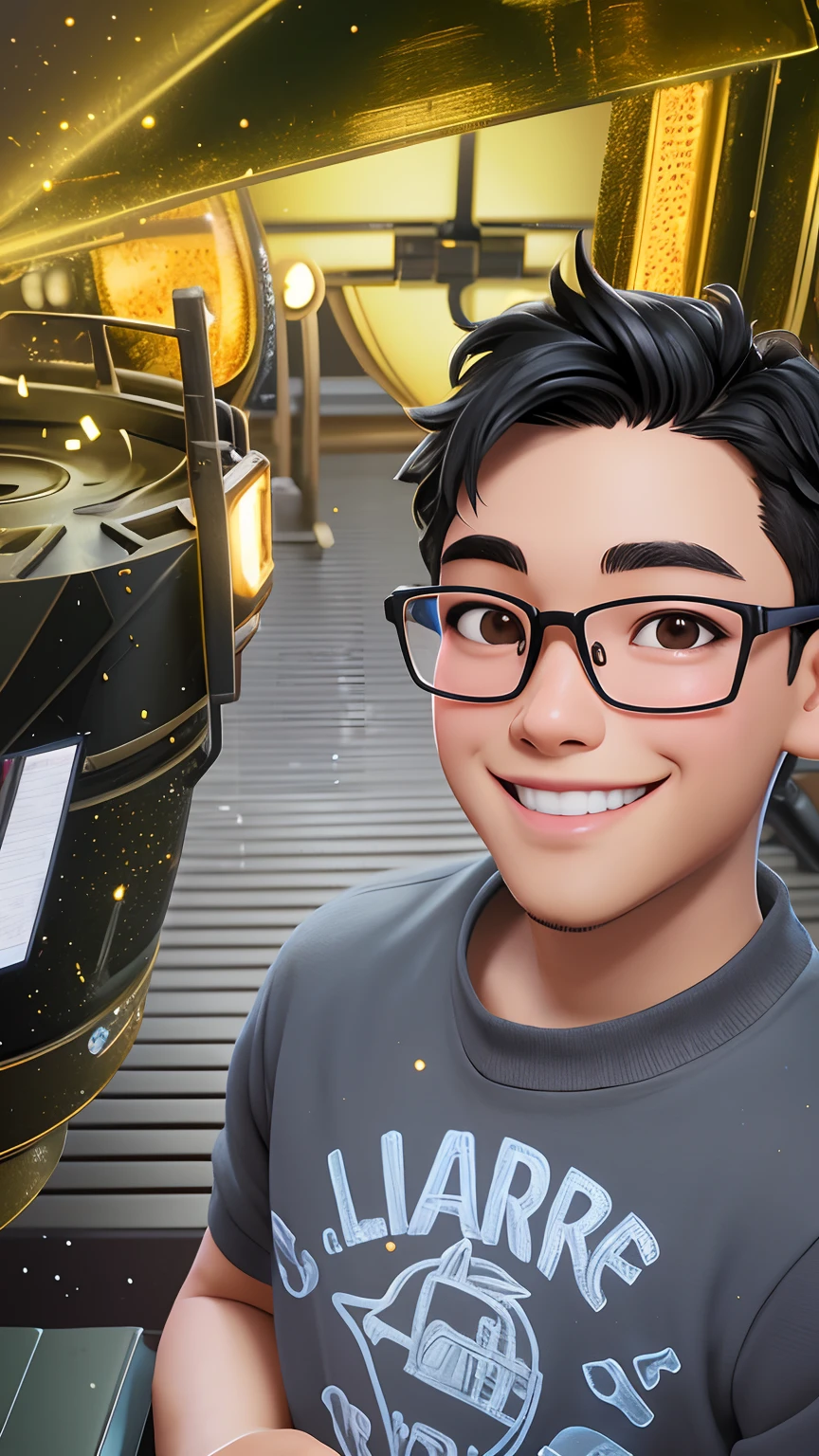 Masterpiece, best quality, Perfect anime illustration, 1 boy, male, dark skin, close up, smile, very short black hair, light particle, thin metal glasses, volumetric lighting, Canon EOS-1D X Mark III f/2.8, studio lighting