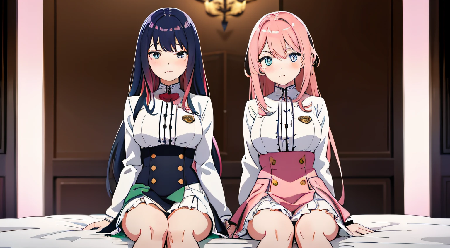 2 girls, (beautiful eyes finely detailed, multicolored  hair), wearing idol uniform, sit on the bed, full body, teasing facial expression, looking at the camera, blush on their face, bedroom, master piece, sidelighting, top-quiality, detailed, High Resolution anime illustration