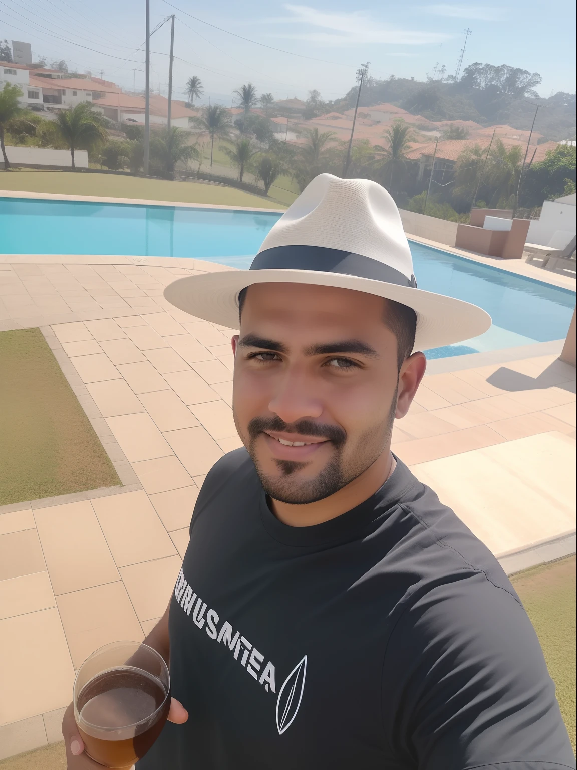 There's a man wearing a hat and holding a glass, david rios ferreira, divertindo-se, Fotografia selfie 8k, ao lado de uma piscina, selfie shot straight on angle, foto selfie, belos arredores, me, Assumido em Go Pro Hero8, selfie de um homem, foto de perfil, em um dia ensolarado, Directed by: Felipe Seade, Foto realista