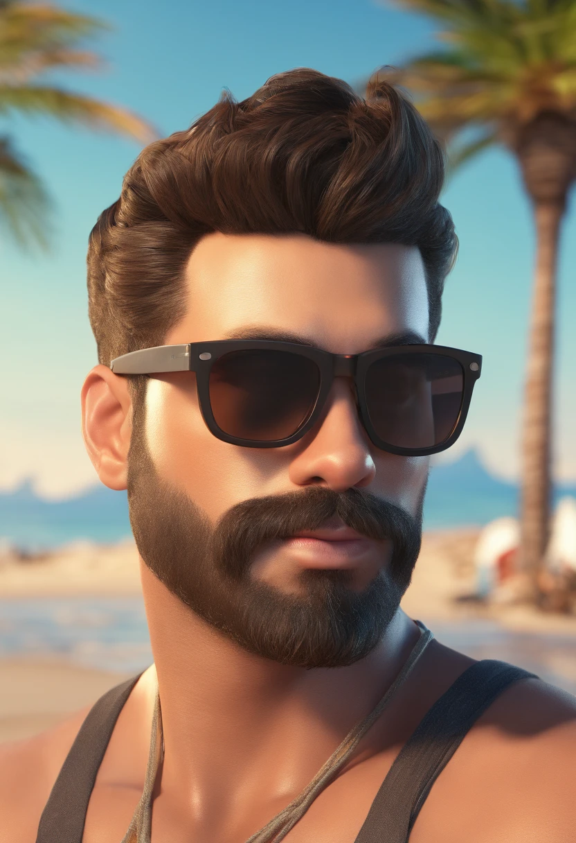 Um homem preto com barba e bigode preto, Head Hair Low Fade, sunglasses on the beach