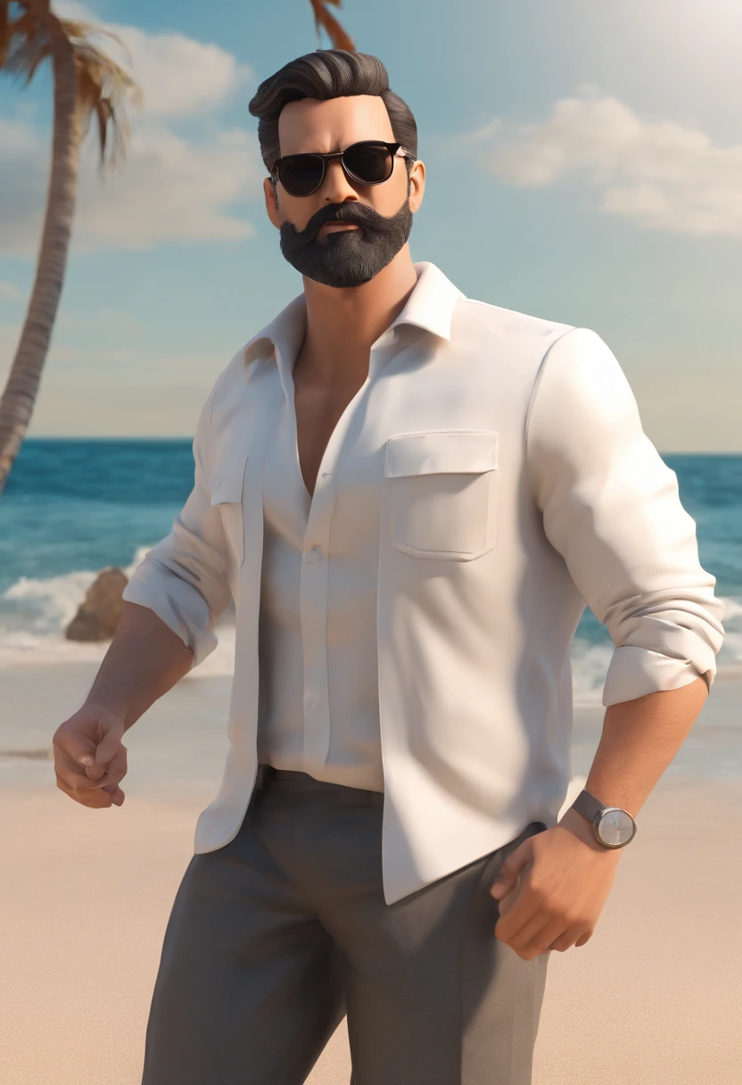 Um homem preto com barba e bigode preto, Head Hair Low Fade, sunglasses on the beach