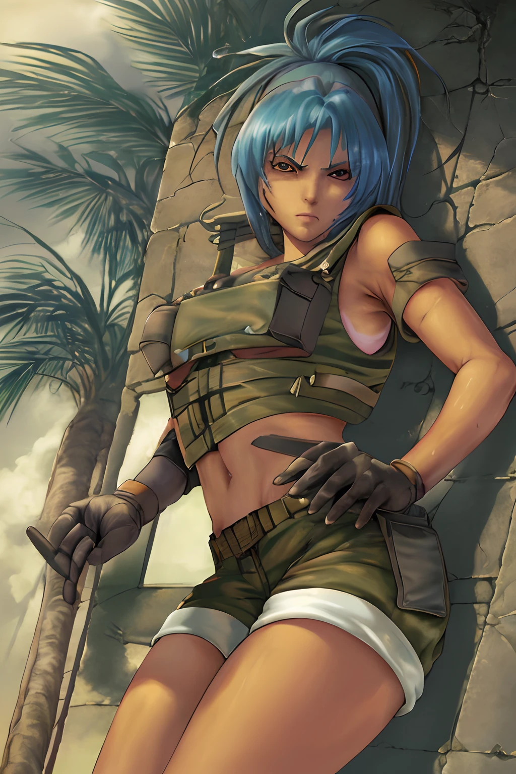 Best quality, masterpiece, naked, panty, serious, sexy pose, Cammo, Sun, hot, dessert, wetting, water, tactical vest, leona from the king of fighters, anime, tiny shorts.