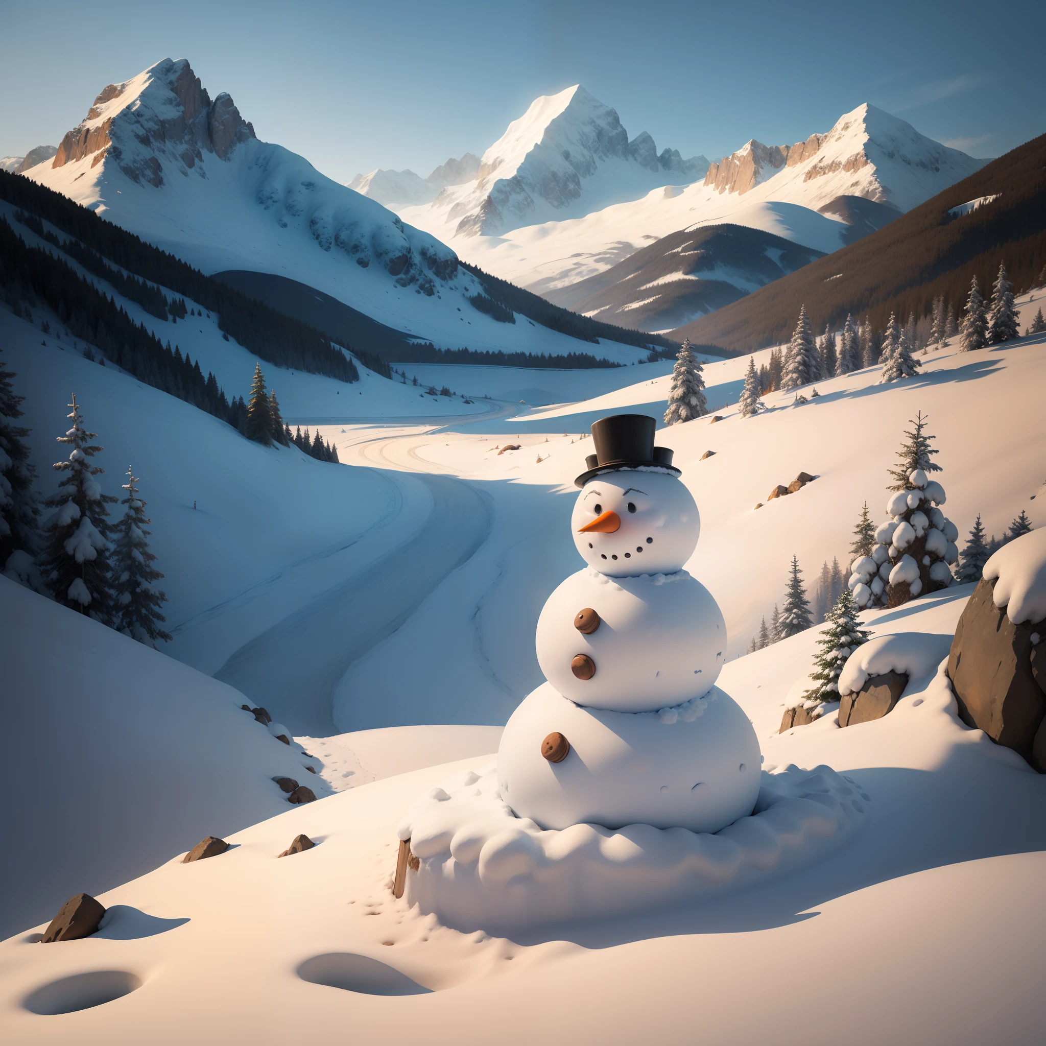The snowman is about to melt,The distant mountains are bright under the sun