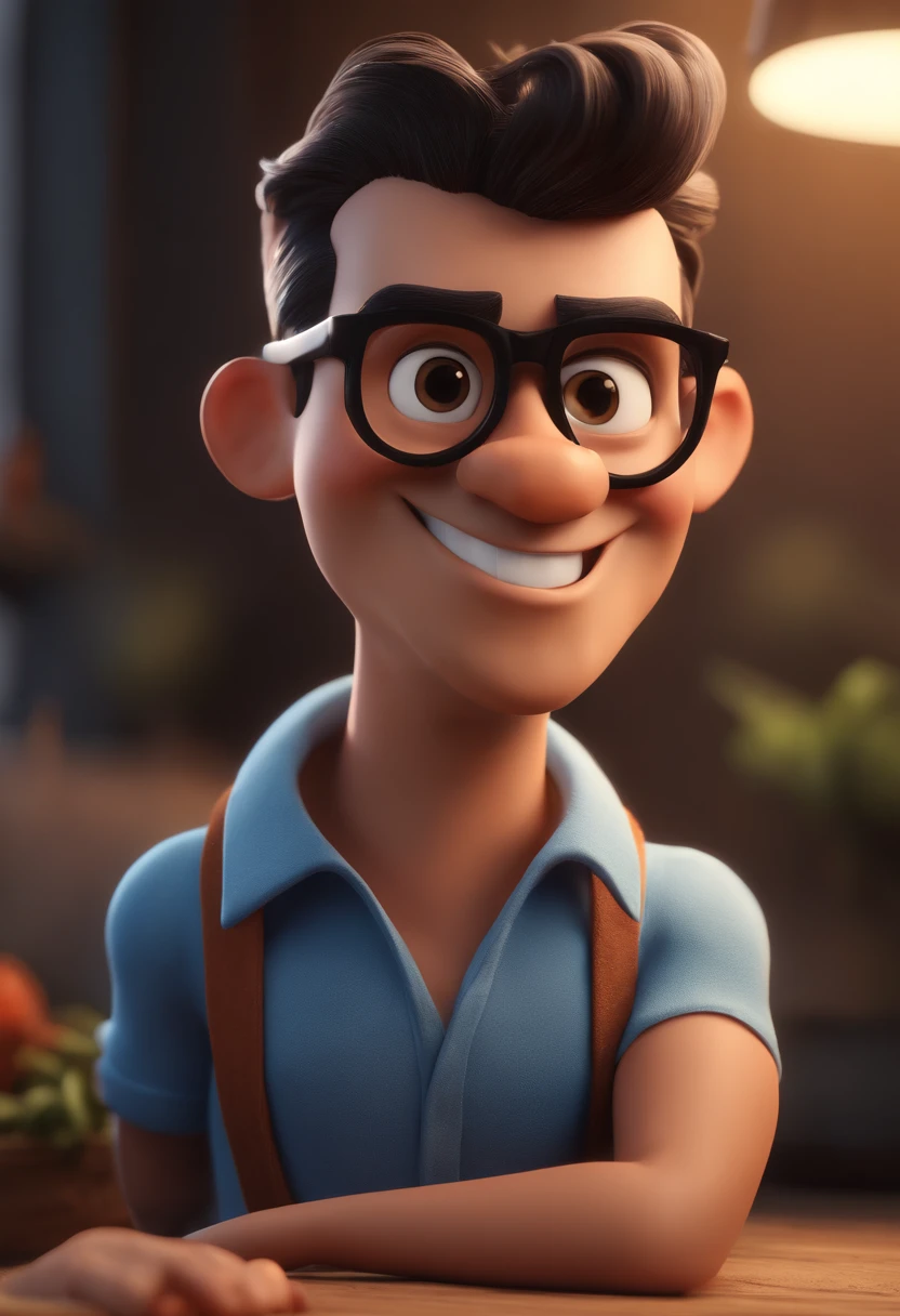 Cartoon character of a man with black glasses and a blue shirt, animation character, Caractere estilizado, animation style rendering, 3D estilizado, Arnold Maya render, 3 d render stylized, toon render keyshot, Personagem 3D, Personagem 3D, 3d rendering stylized, 3 d character render, personagem de desenho animado, Personagem de close up, Pose de personagem,  (Estilo Pixar) (master part:1.2) (Bokeh) (best quality) (pele detalhada) (textura detalhada) (8k) (argila) (Cinematic lighting) (foco nítido