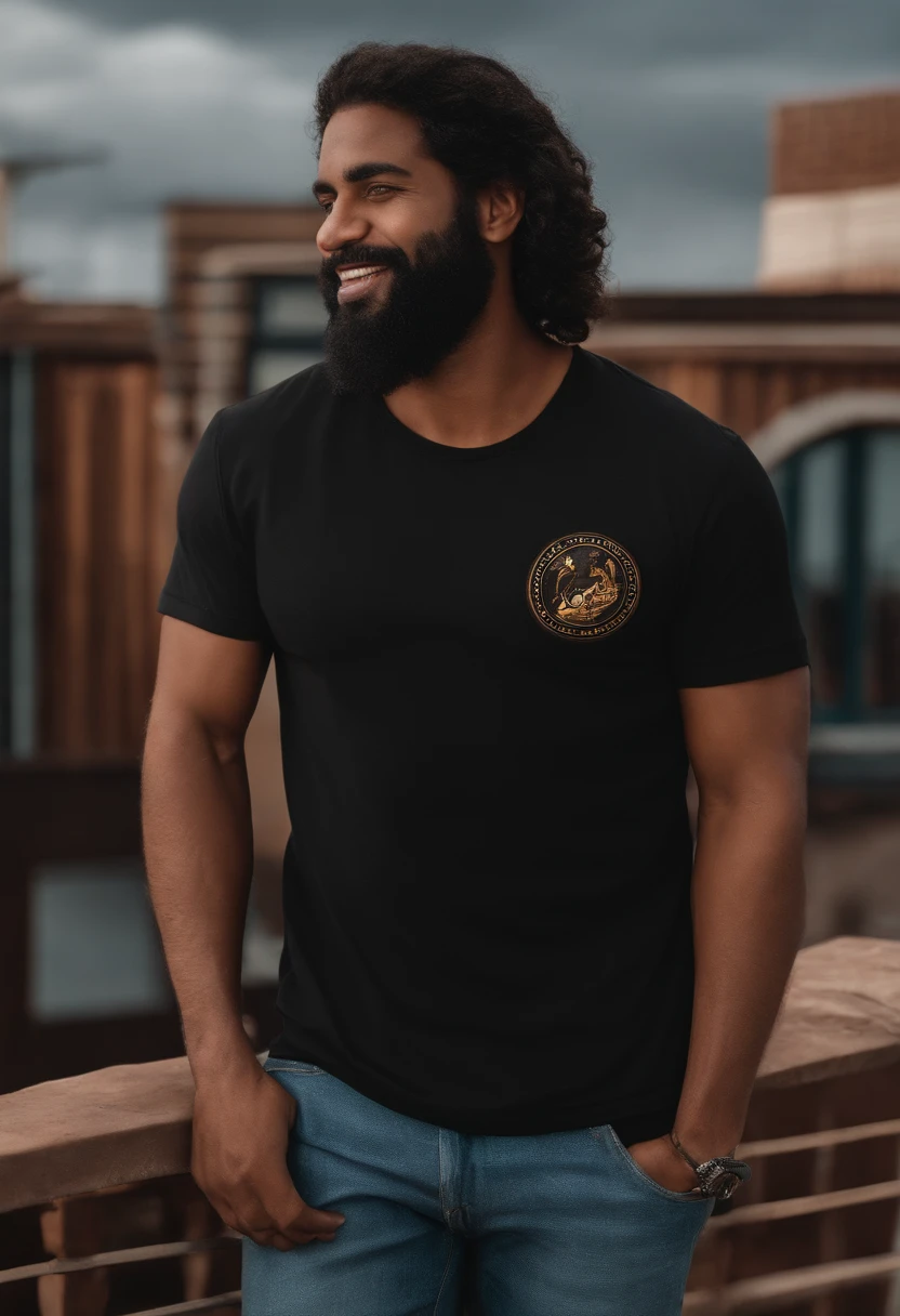 um homem negro cabelo preto black, barba curta preta, olhos pretos, com fones de ouvido, A music studio in the background, Imagem no estilo Pixar, Estilo de filme animado 3D, Disney, black t-shirt bible design.
