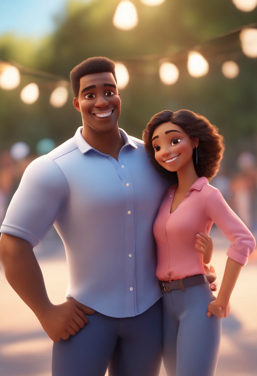 An illustration of an adorable couple, Spotlight on a chubby mulatto man smiling the man's skin is mulatto. He's on a society football court with synthetic gra, veste uma camisa de futebol azul ,The day is sunny and there are children on the court and share a special moment characterized by love, Insights. Illustrate this scene from a perspective where they are facing the camera, Smiling and Showing Your Connection. Desenvolva esta arte em Full HD, Focus on your cinematic touch, Estilo Disney Pixar Animations
