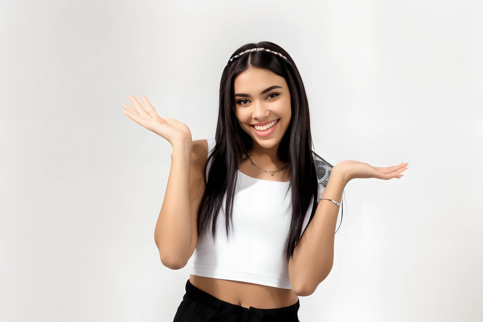 Woman with long black hair and a white top holding out her hands, she is smiling and excited, ela expressando alegria, Violeta Myers, na frente do fundo branco, lindo modelo jovem, foto da mulher jovem, com um fundo branco, dramatic smiling pose, Cerveja Madison, usando um top cropped, definido contra um fundo branco, Madison Beer Girl Retrato