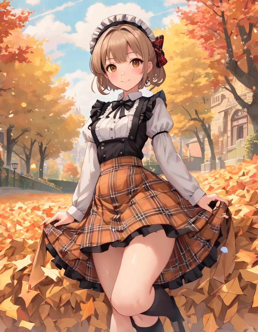 slim body,cinematic lighting,(she lifts skirt a lot and shows pubic hair and overflowing pussy juice from pussy:1.5), (small nipple visible through tartan plaid beige gothic lolita maid with ribbon:1.4), wide open very slim legs:1.2,pale white beautiful skin, garter belt,in 8K, best quality, masterpiece, ultra detailed, photo realistic,1 cute girl,14yo, detailed black eyes, outdoor, autumn europe tourism attractions,brown short hair, shy smile, looking at the viewer,dynamic angle, asianpussy1,perfect anatomy, realhands,