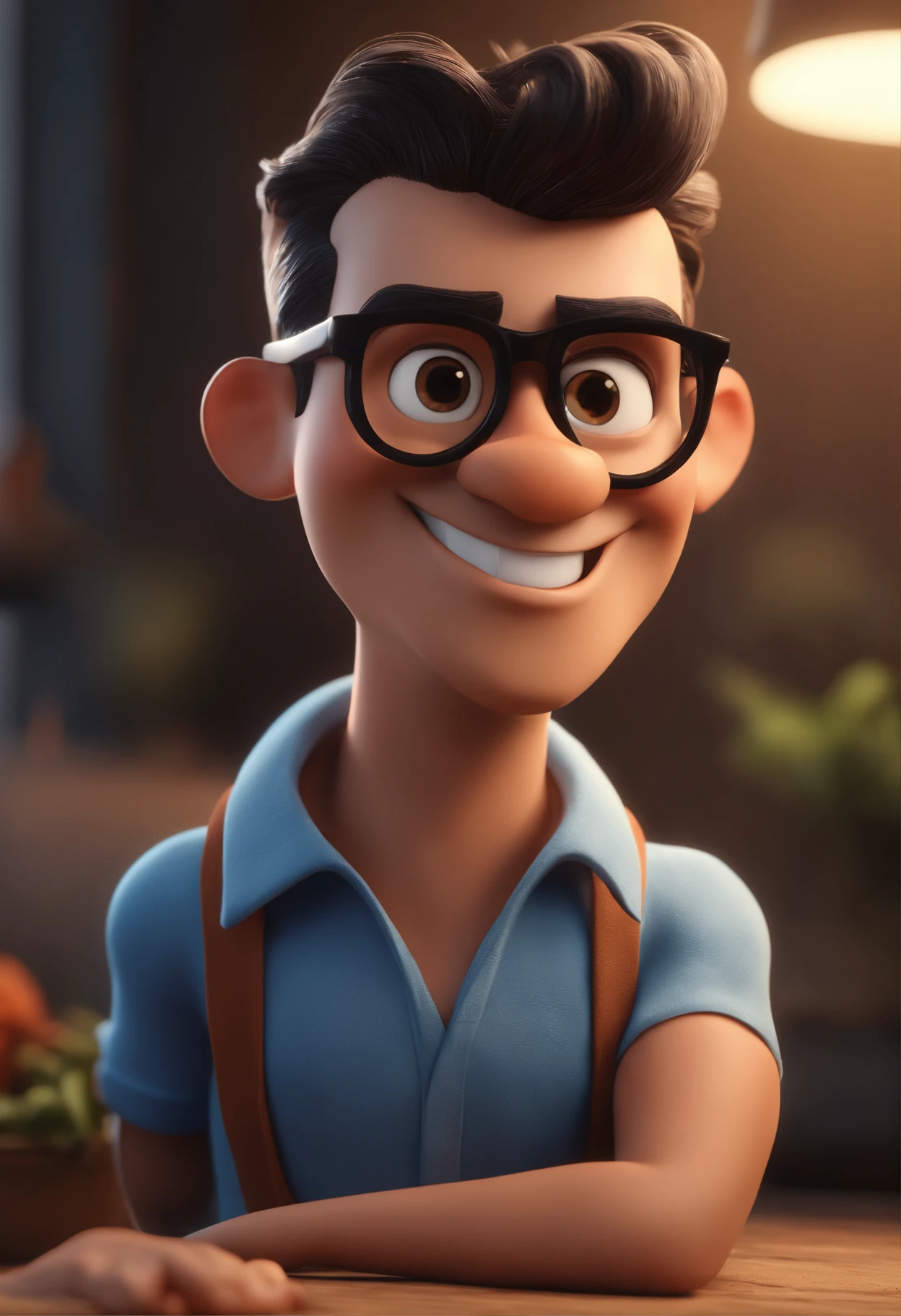 Cartoon character of a man with black glasses and a blue shirt, animation character, Caractere estilizado, animation style rendering, 3D estilizado, Arnold Maya render, 3 d render stylized, toon render keyshot, Personagem 3D, Personagem 3D, 3d rendering stylized, 3 d character render, personagem de desenho animado, Personagem de close up, Pose de personagem,  (Estilo Pixar) (master part:1.2) (Bokeh) (best quality) (pele detalhada) (textura detalhada) (8k) (argila) (Cinematic lighting) (foco nítido