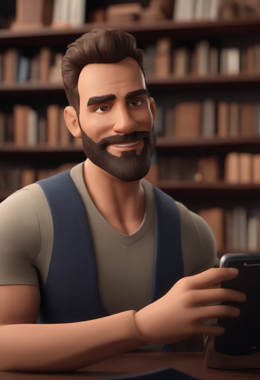 personagem dos desenhos animados de um homem de barba grisalha e cabelo com corte moderno e grisalho, ele usa uma jaqueta de couro marrom e camiseta branca, He has a cell phone in his hand in a library,animation character, Caractere estilizado, animation style rendering, 3D estilizado, Arnold Maya render, 3 d render stylized, toon render keyshot, Personagem 3D, Personagem 3D, 3d rendering stylized, 3 d character render, personagem de desenho animado, Personagem de close up, Pose de personagem, (Estilo Pixar) (master part:1.2) (Bokeh) (best quality) (pele detalhada) (textura detalhada) (8k) (argila) (Cinematic lighting) (foco nítido