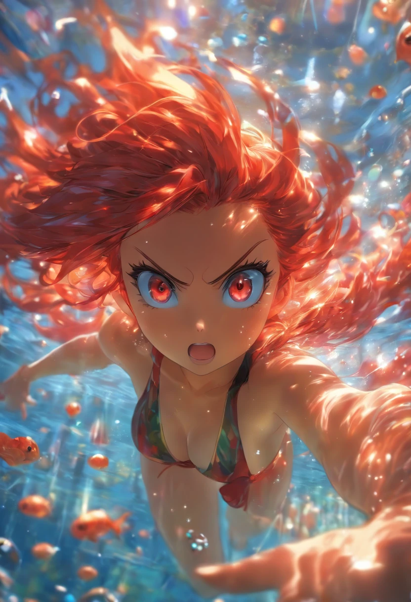 foreshortening, depth of field, masterpiece, best quality, 1girl, red hair, red eyes, long hair, underwater, air bubble, solo, looking at viewer, tight see through bikini, swimming, dappled sunlight, naked, devil horns, red skin.