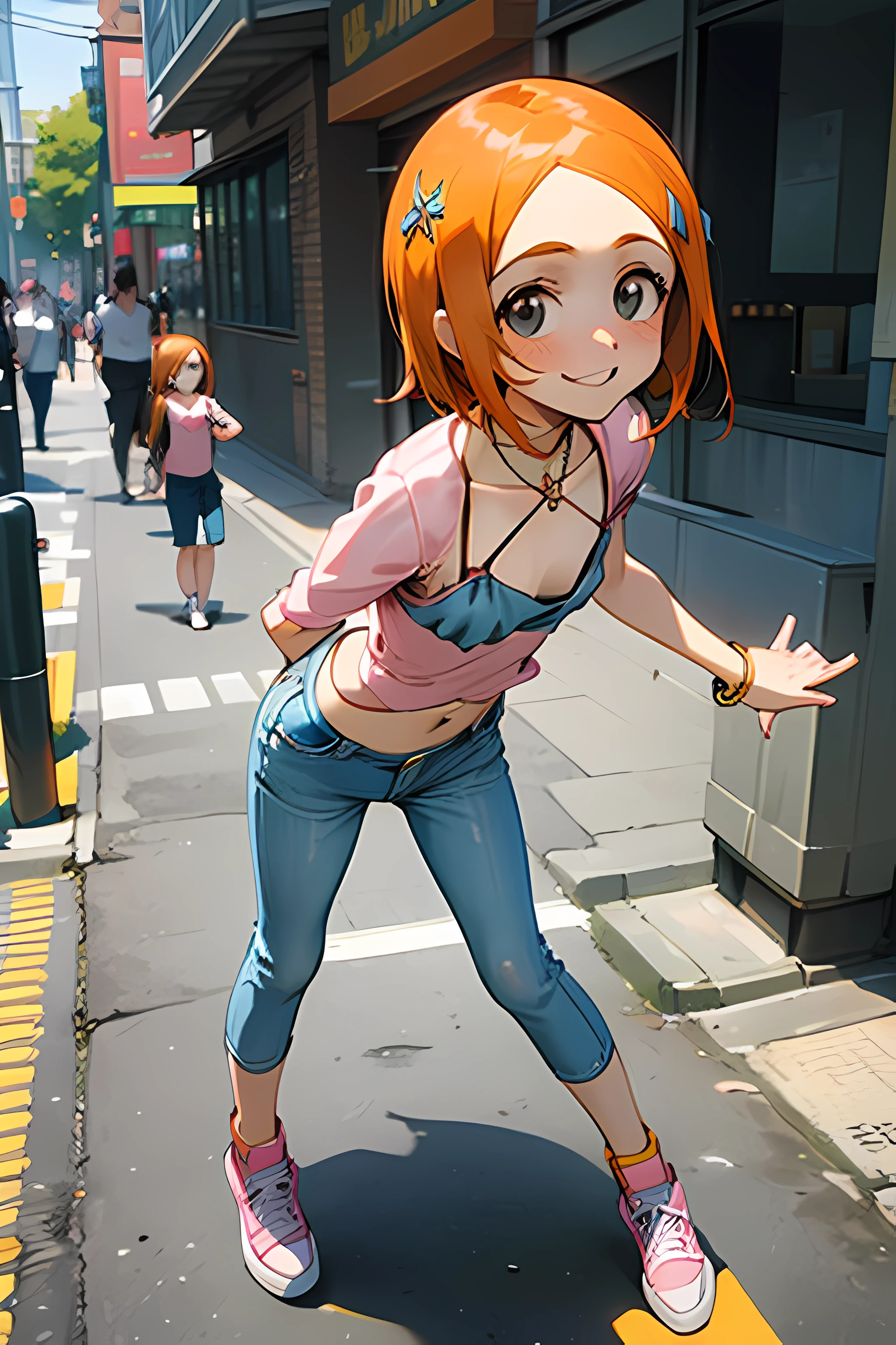 1girl, cute, ((, flat chested, cute, loli, petite)), masterpiece, high detailed, looking at the viewer, inoue orihime, short hair, orange hair, grey eyes, pink blouse, jeans, necklace, bracelet, smiling, sneakers, street bottom