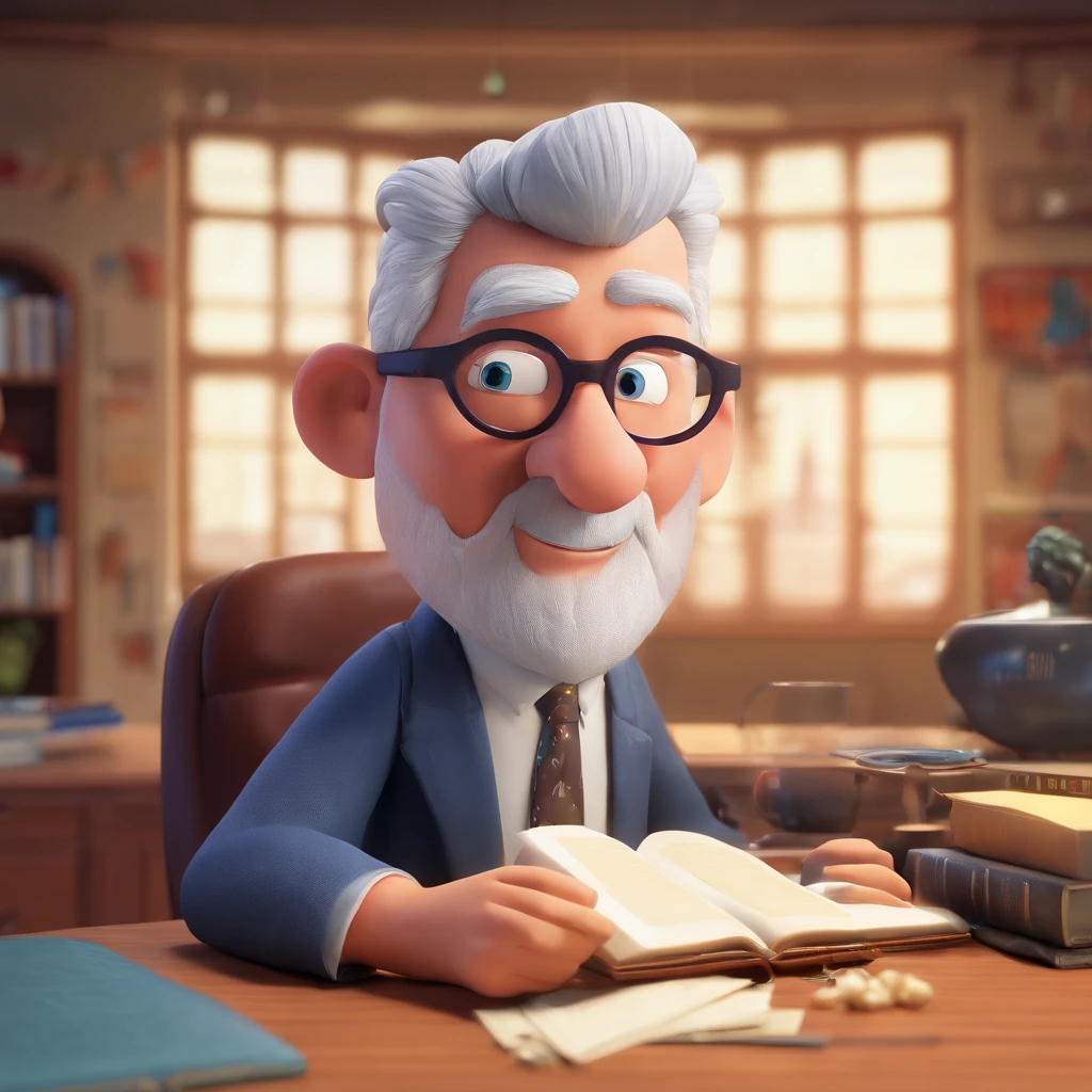 Crie um cartaz inspirado na Disney Pixar com o personagem sendo o pastor Rubens Janier, A gray-haired man wearing glasses, in an office with a Bible on the table, Looking forward and serious