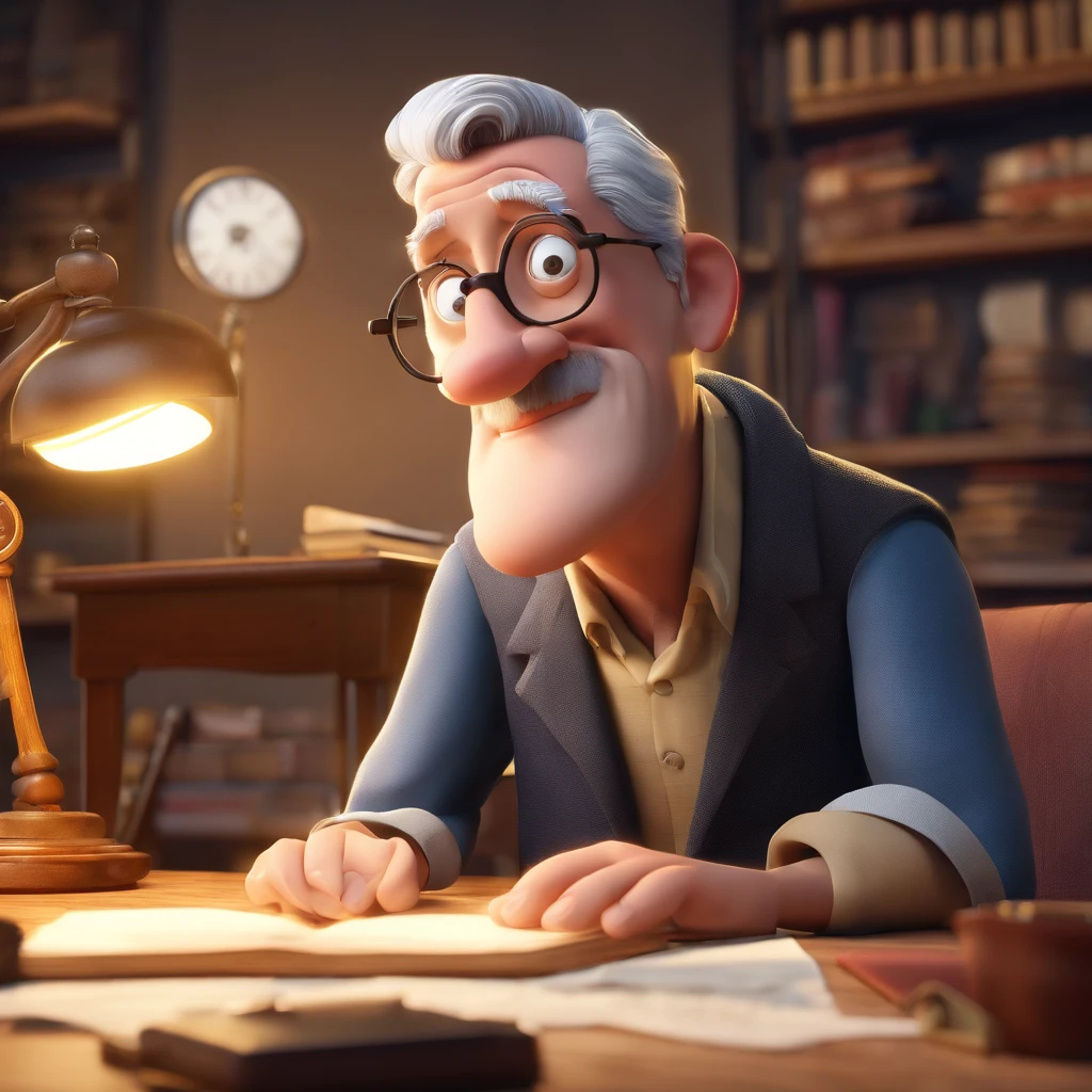 Crie um cartaz inspirado na Disney Pixar com o personagem sendo o pastor Rubens Janier, A gray-haired man wearing glasses, in an office with a Bible on the table, Looking forward and serious