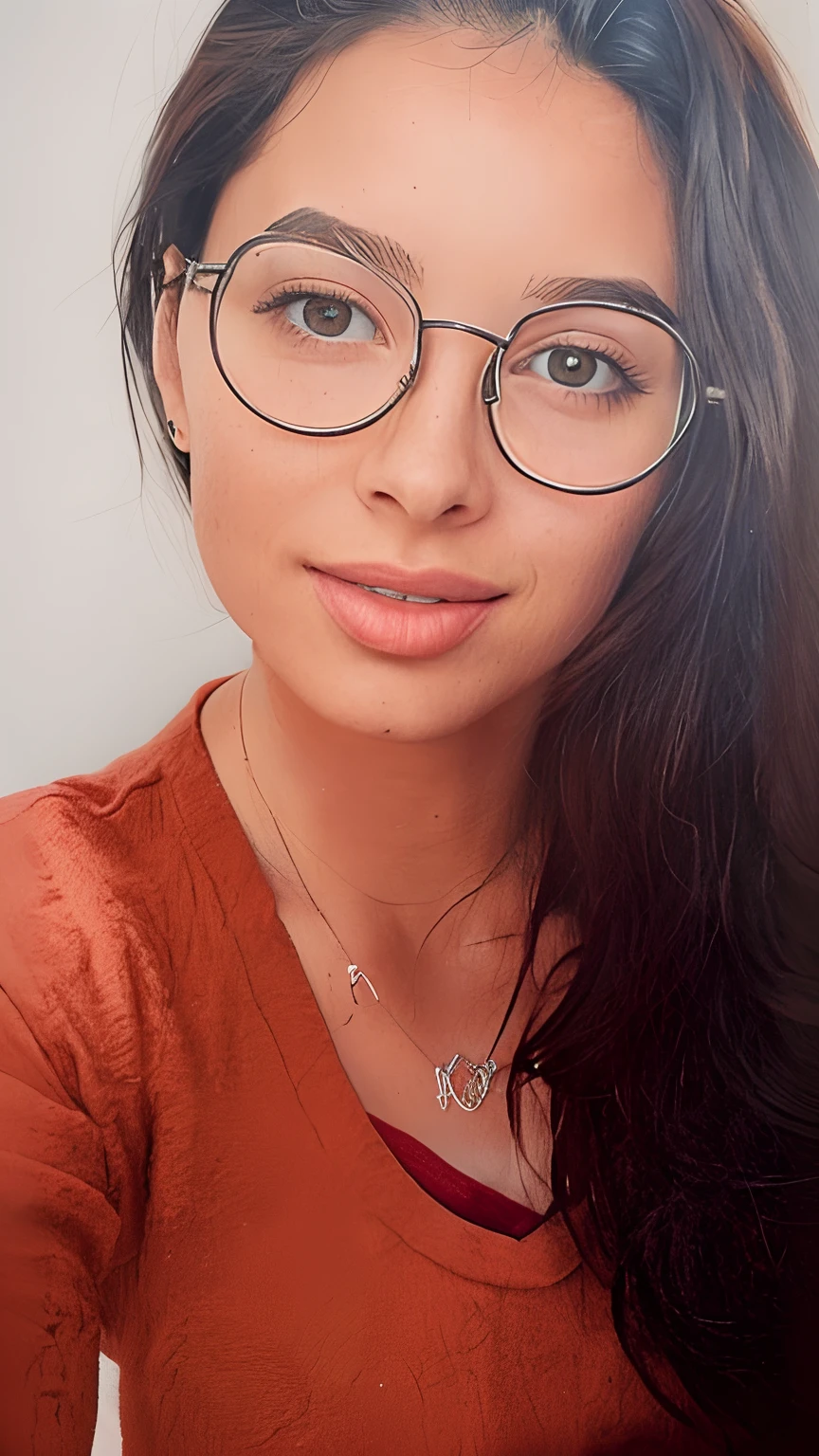 high definition image, goddess of breasts, a woman, round face, eyes realistic sizing, drooping eyes, smiling, small breasts, unbuttoned see-through mesh cardigan, close-up her breasts, nipples, ((touching breasts and nipples)), long dark red hair, (ringlets hair, stylish glasses), ecstasy face, open mouth, ((student, on the street, trees, buildings)), she has freckles a little, apply lipsticks, thin necklace, body piercing,