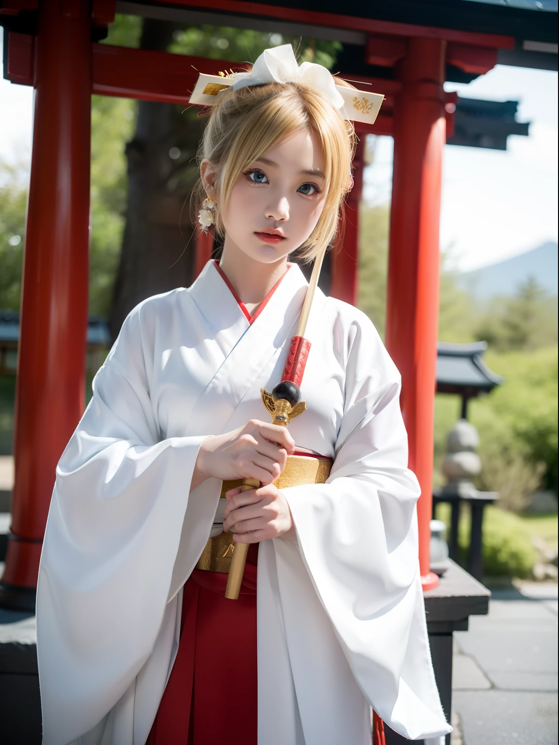 kagamine rin, shrines, shrine maiden, priestess ((Japan traditions)), Blue eyes, a blond, Red lips, Beautiful Girl, 1girl in, Holding ceremonial staff