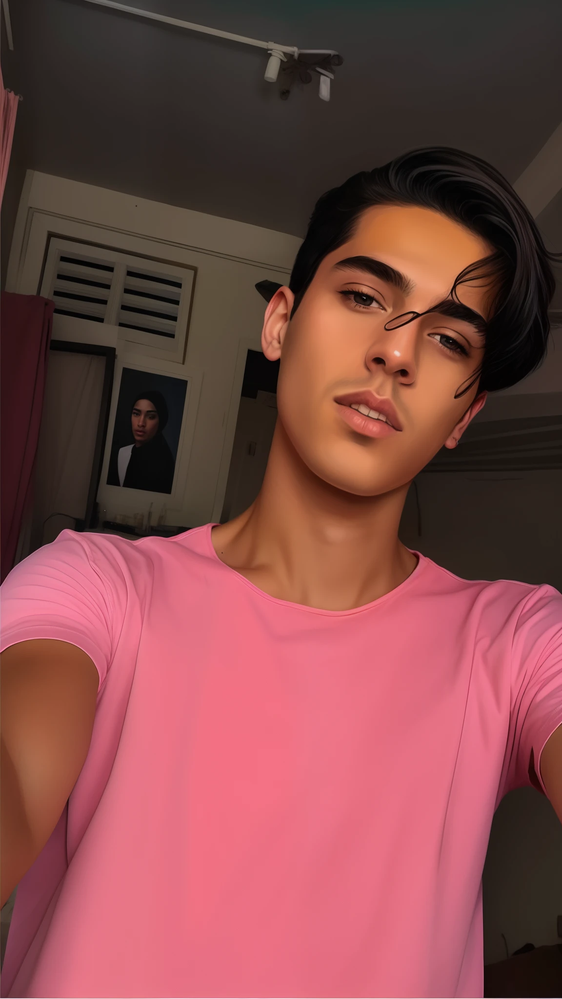 there is a man with a pink shirt holding a cell phone, with instagram filters, mohamed chahin style, androgynous person, pink face, androgynous male, with accurate face, taken in the early 2020s, solo portrait 🎨🖌️, digital art. @mariomaniacdude, around 1 9 years old