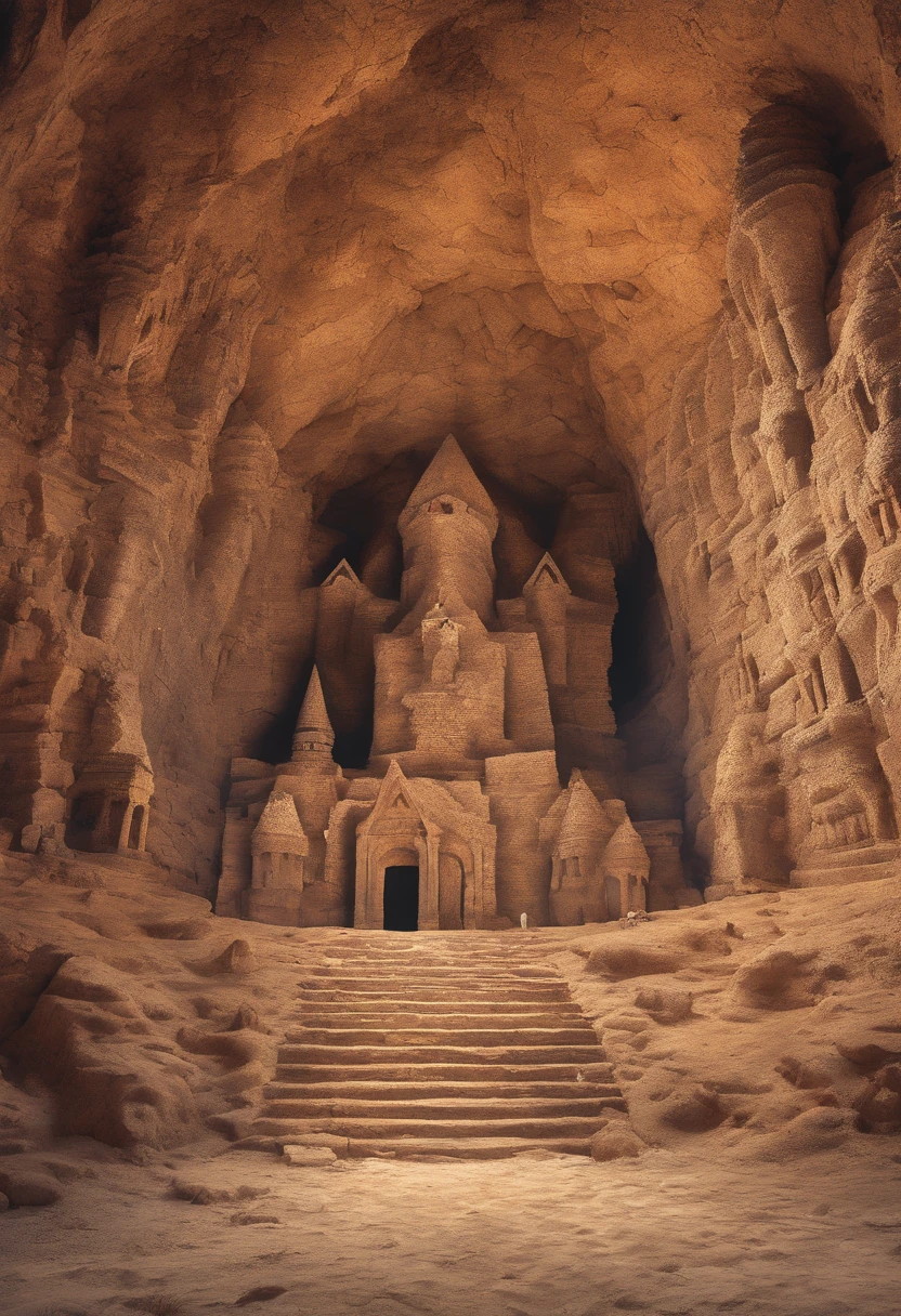 giant sweeping pyramid dwarfed by the massive underground cavern it sits in, with a strange architectural design that looks like anything found in Europe or South America