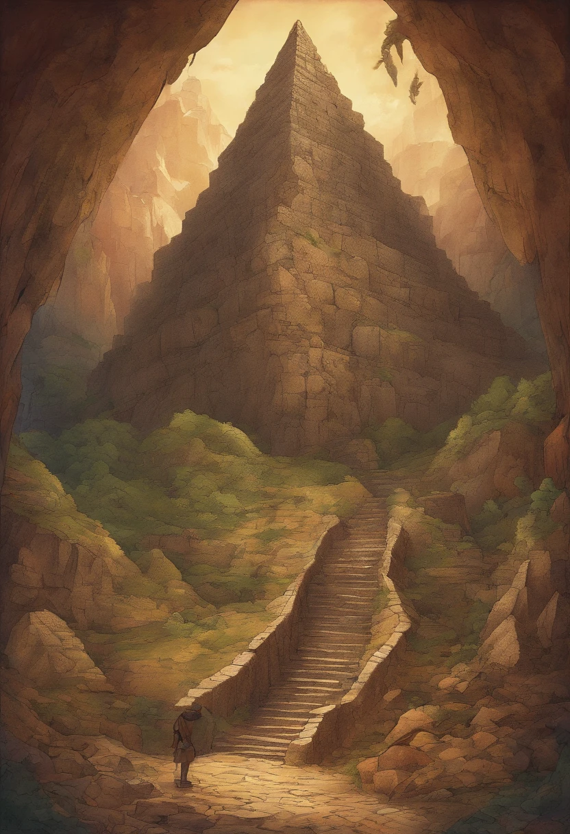 giant sweeping pyramid dwarfed by the massive underground cavern it sits in, with a strange architectural design that looks like anything found in Europe or South America