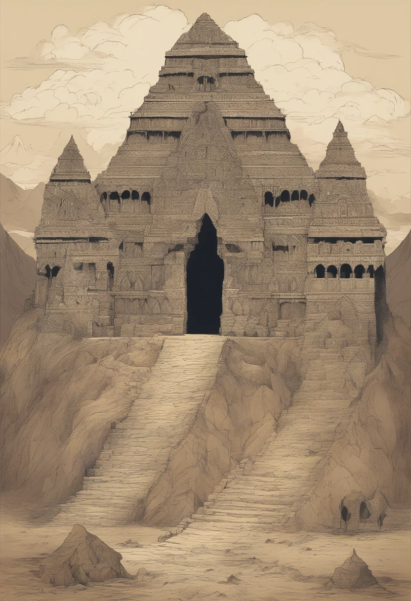 giant sweeping pyramid dwarfed by the massive underground cavern it sits in, with a strange architectural design that looks like anything found in Europe or South America