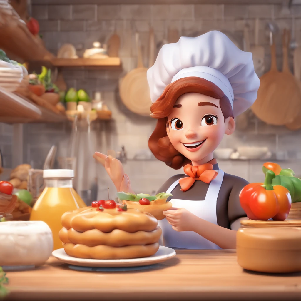 Crie uma cena de desenho animado estilo 3d -Pixar, Onde uma mulher, de cabelos lisos castanhos com 35 anos de idade, She's cooking dressed as a pastry chef.