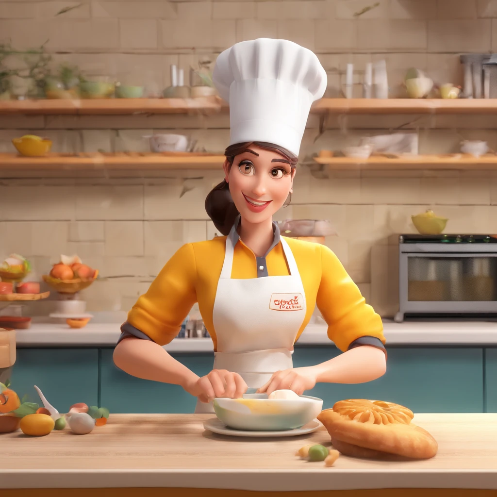 Crie uma cena de desenho animado estilo 3d -Pixar, Onde uma mulher, de cabelos lisos castanhos com 35 anos de idade, She's cooking dressed as a pastry chef.
