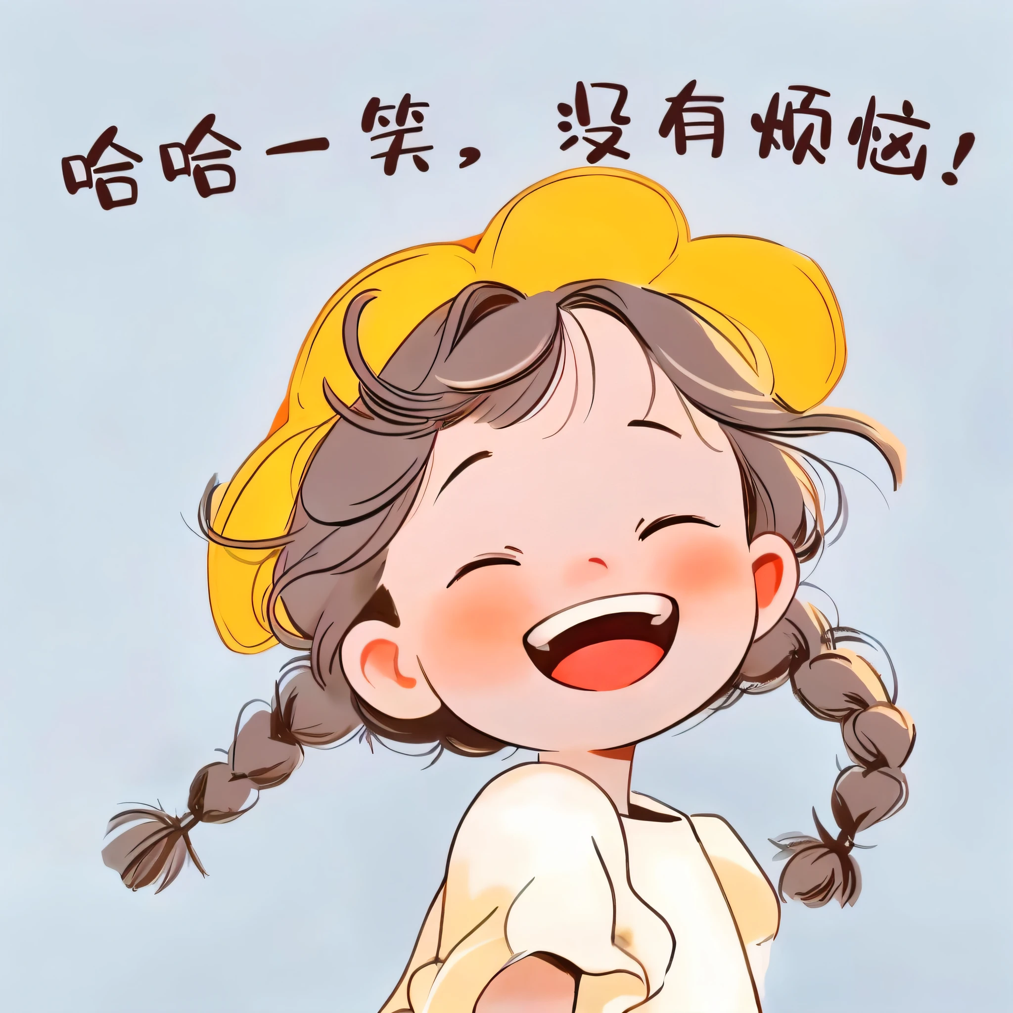 Cartoon girl with pigtails and yellow hat laughing, and she smiling，Very happy, she is happy, inspired by Chen Daofu, and she smiling，Very excited, author：Qu Leilei, author：Li Fangying, she expressing joy, Happy girl, she's smiling, Loli, Happy expression, she is laughing, Cartoon Cute, Inspired by Zou Yigui