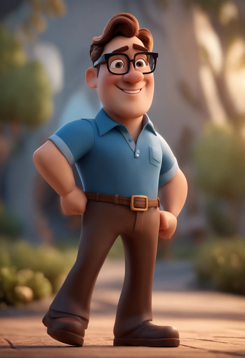 Cartoon character of a man with black glasses and a blue shirt, animation character, Caractere estilizado, animation style rendering, 3D estilizado, Arnold Maya render, 3 d render stylized, toon render keyshot, Personagem 3D, Personagem 3D, 3d rendering stylized, 3 d character render, personagem de desenho animado, Personagem de close up, Pose de personagem,  (Estilo Pixar) (master part:1.2) (Bokeh) (best quality) (pele detalhada) (textura detalhada) (8k) (argila) (Cinematic lighting) (foco nítido
