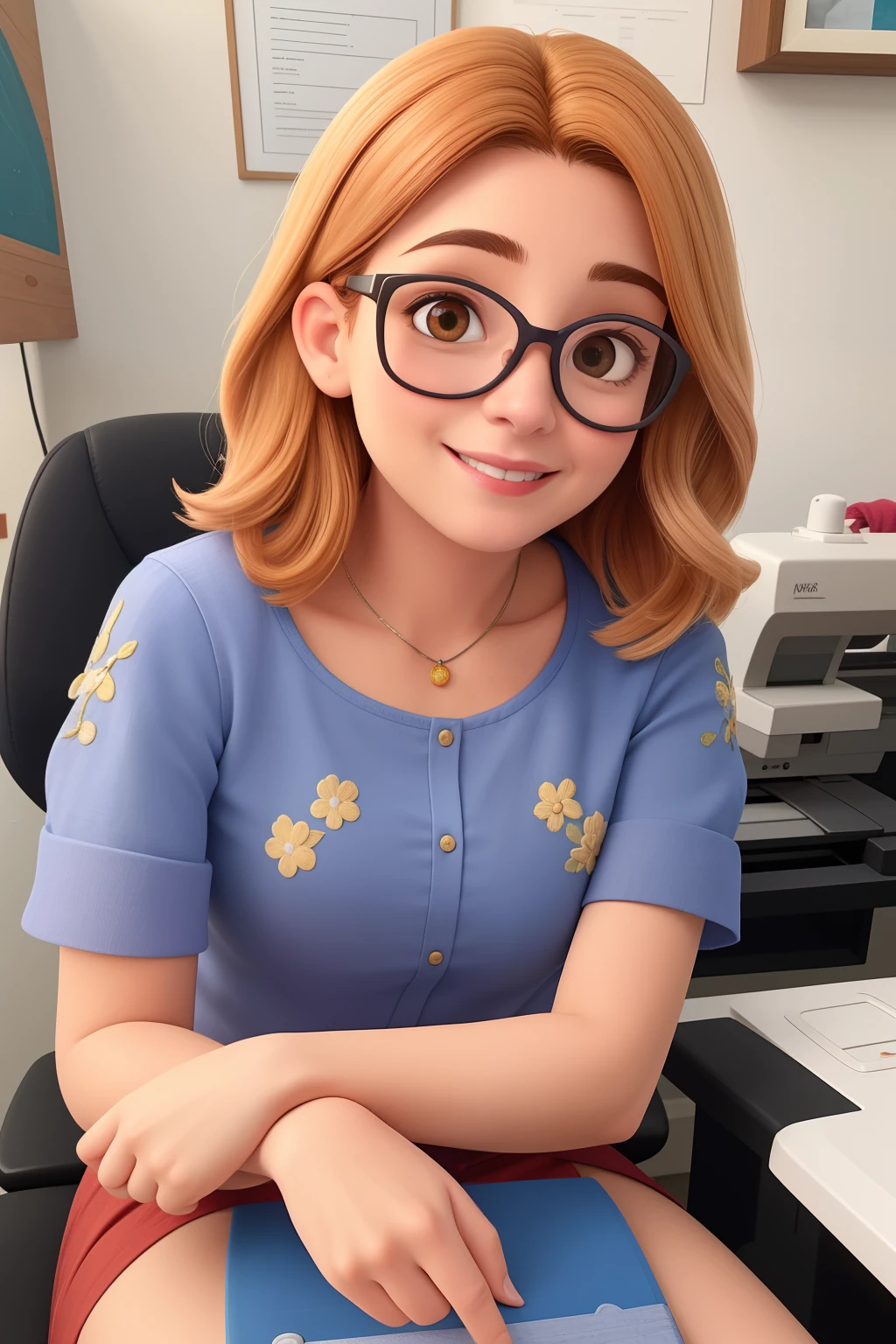 Uma mulher de 38 anos, com longos cabelos loiros acastanhados, Not very round face, sorriso encantador, e olhos castanhos, wearing glasses. Sem brincos ou colares, num atelier de costura e bordados, sitting in front of a Brother embroidery machine.