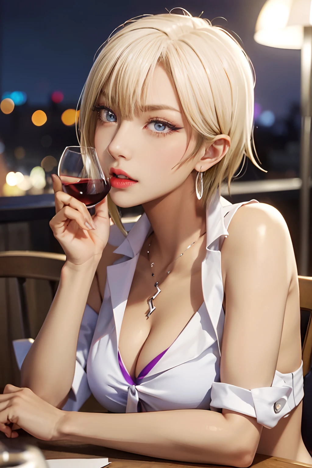 3 girls, High quality, Ultra-detailed, crazy detail details, Quality in 4K (Cinematic Digital Artwork: 1.3), High quality, masutepiece, of the highest quality, Super Detail, Illustration, [4K Digital Art]、 lndswgnr, (Sharp Focus: 1.5), (Moody lighting:1.2), depth of fields, Bokeh, 4K 、High resolution, ultra-detailliert, the Extremely Detailed CG Unity 8K Wallpapers, Realistic, Photorealsitic, Raw photo, beautifull detailed face, pale skin, realistic glistening skin, Detailed Cloth Texture, detailed hair texture, Perfect body, Beautiful face, acurate, Anatomically correct, Highly detailed face, Eye and skin texture, Natural neck length, (Beautiful eyes), (Beautiful hands), (Glossy skin:1.2), thin legs, Thin feet, Detailed people、A detailed face、细致背景、 (Live action、Intricate details)、bionde、short-hair、 Midnight、natta、Pink Neon Lights、 Dark cold lighting、Tropical style、Holographic colored shirt、Colossal tits、Large cleavage、  Dramatic makeup、makeup、Pinky Pink Lip Stick、eye make up、mascara、eye liner、eye shadow、Lilac contact lenses、 This is a very beautiful anime style illustration. A bar deep in the city. The words "Cafe Flamingo" made of neon tubes. It glows mysteriously in the darkness of the night.
A beautiful woman in body conscious clothes is drinking wine on the terrace of a bar. She rests her elbows on the table and stares listlessly into the distance.
A small candle was placed on the table, making her beautiful face look even more beautiful.