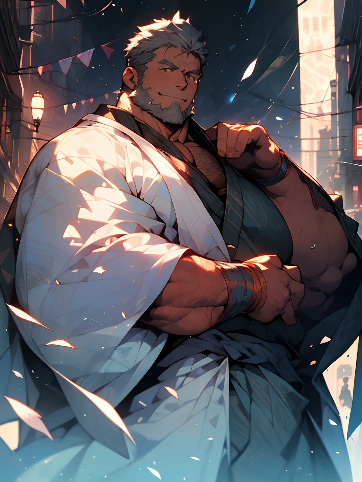Extremely detailed、Detailed face、Detailed eyes、Detailed hand、detailed arms、view full body、Sorcerer、muscular body、Fat(Fat、Fat)、Silver hair and short beard、Good arm、Good eyes、nightcity、Kimono、Hakamahaori(Depicted in detail)、Dressed in a dark blue feather robe、Effects of witchcraft
