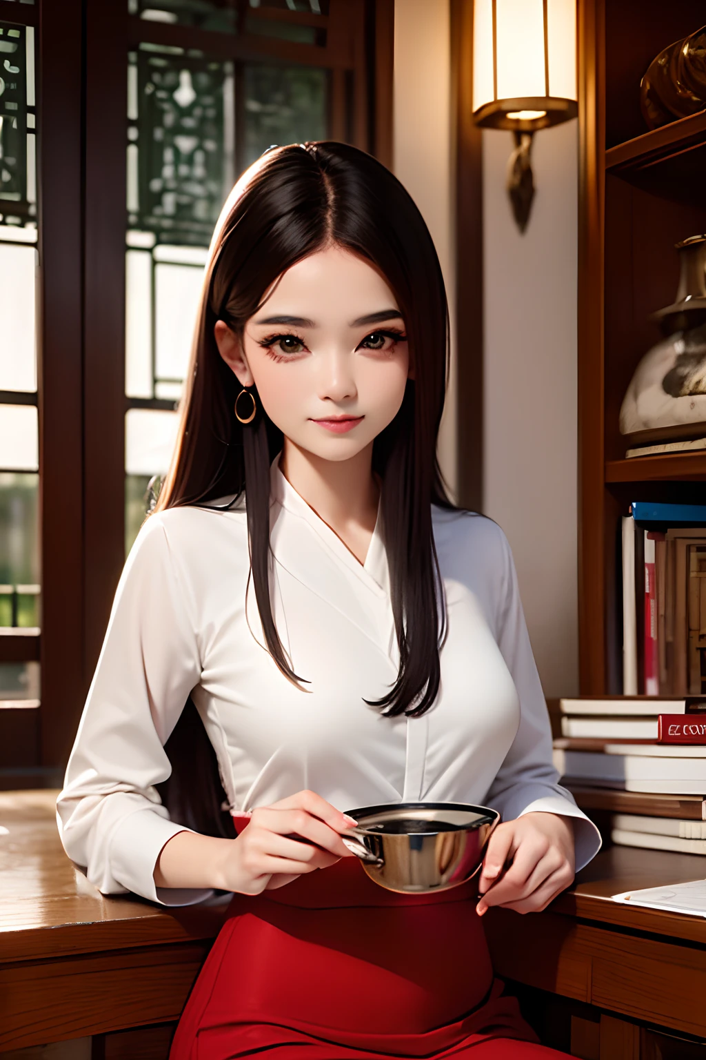 A closeup of a woman sitting at a table with a cup of coffee, palace ， Uma menina em Hanfu, Uma jovem mulher como Genghis Khan, mulher oriental bonita, Mulher chinesa, Menina chinesa, Princesa chinesa, an Asian woman, a young asian woman, Princesa chinesa antiga, Asian woman, vestindo roupas chinesas antigas, beleza tradicional, young asian girl