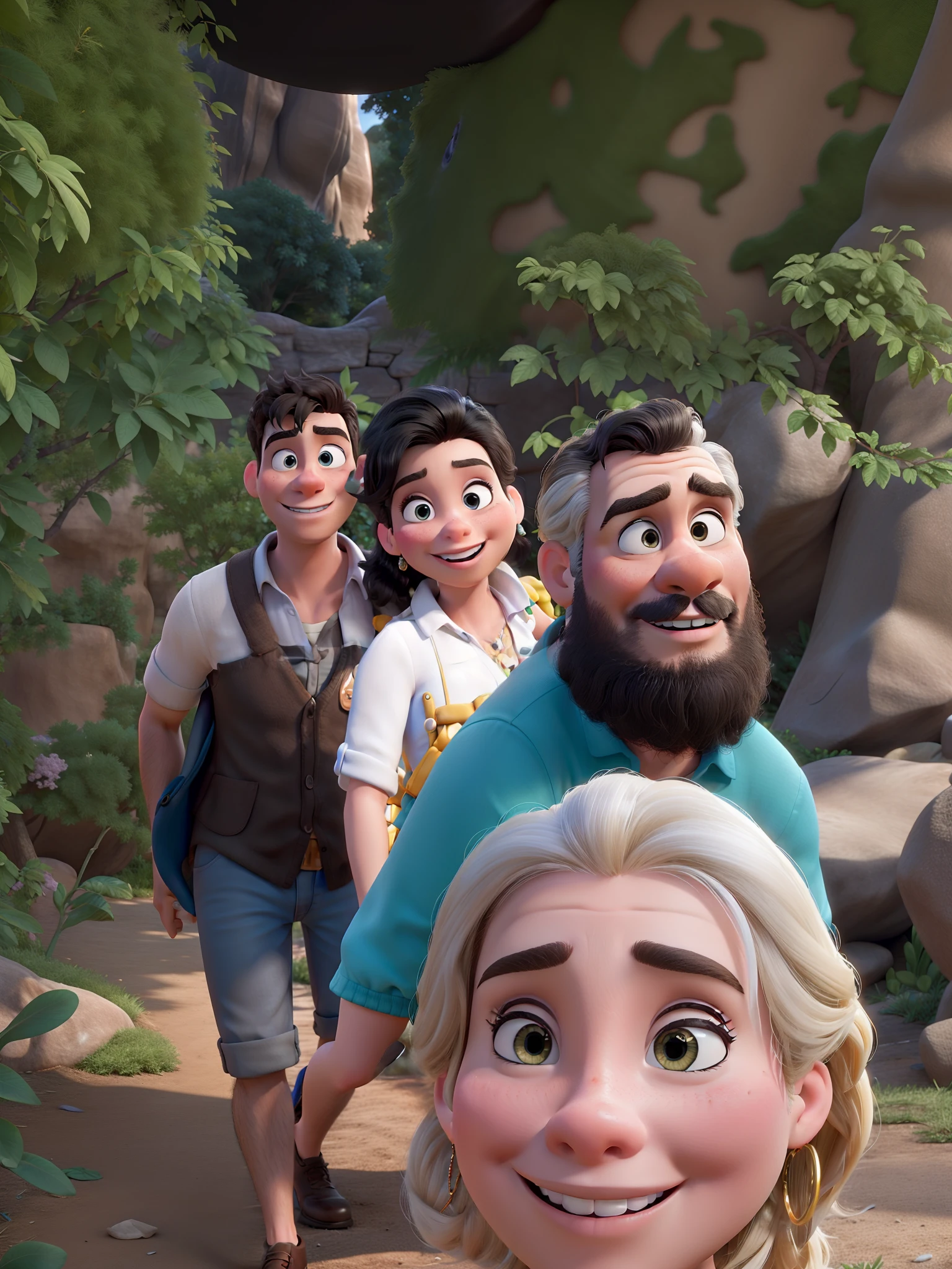 Obra-prima ao estilo Disney/Pixar in high quality and high resolution. The woman in the front is blonde and the man has black hair.