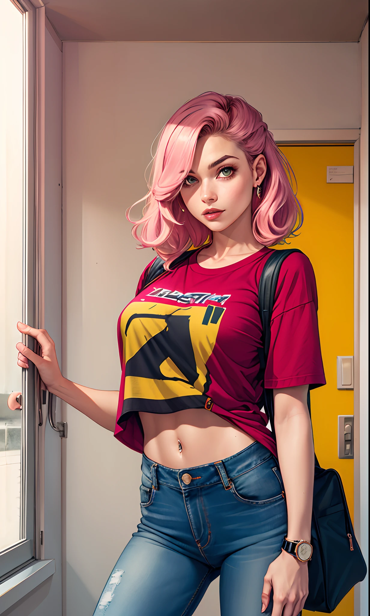 Mulher, levemente gordinha, Branca de cabelos
Castanhos escuros, curtos e lisos; olhos amendoados castanho escuro; camiseta do Pink Floyd, light jeans, Apple Watch, AirPods, Holding an icon, de all star vermelho e mochila vermelha, em um quarto de paredes cinzas com quadros de rock pendurados.