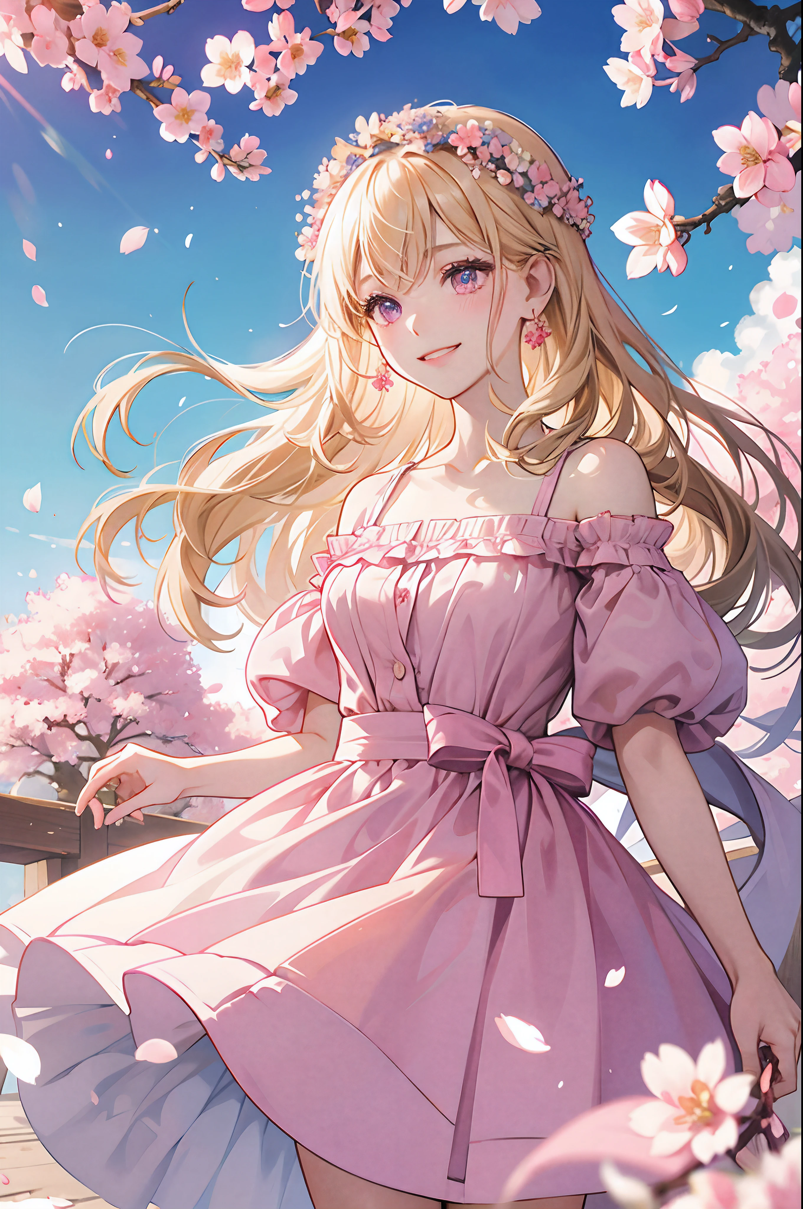 art by Cornflower, dreamy, cherry_blossoms, falling_petals, petals, branch, pink_flower, 1girl,20-year-old, blue_sky, spring_(season), petals_on_liquid, flower, hanami, dress, (Long blond curly hair：1.5),Wearing a wreath,sky, outdoors, cloud, bangs, smile, pink_eyes, White skirt with cherry blossom embellishments, bare_shoulders, earrings, holding_flower, wind, tree, looking_at_viewer,cowboy shot,