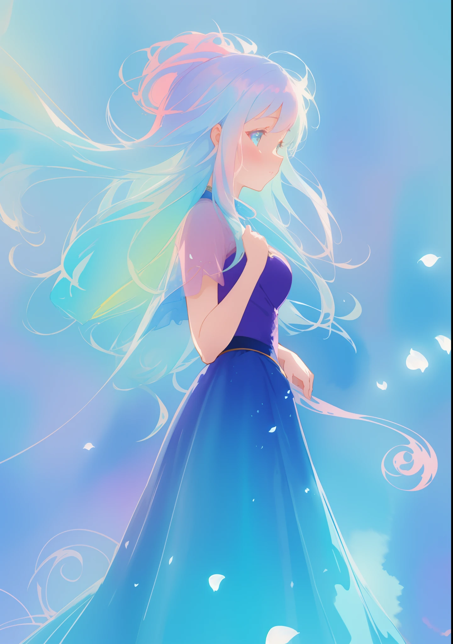 beautiful girl in gradient blue flowing ballgown, colorful pastel color hair, fantasia watercolor background, watercolor illustration, masterpiece, best quality, sharp focus, 8k resolution, high resolution, intricate details, highly detailed, whimsical, magical, fantasia, beautiful face