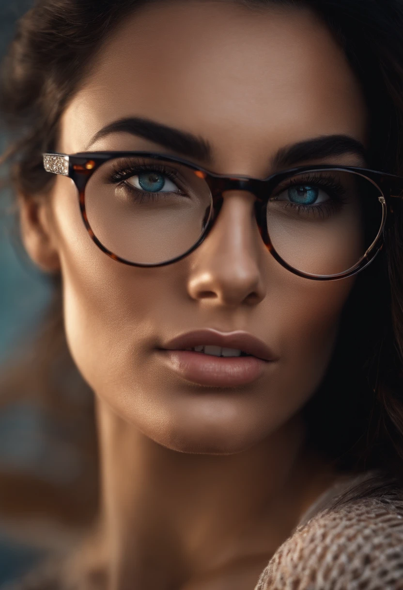 A woman with dark brown hair and brown eyes with freckles on her face and wearing glasses