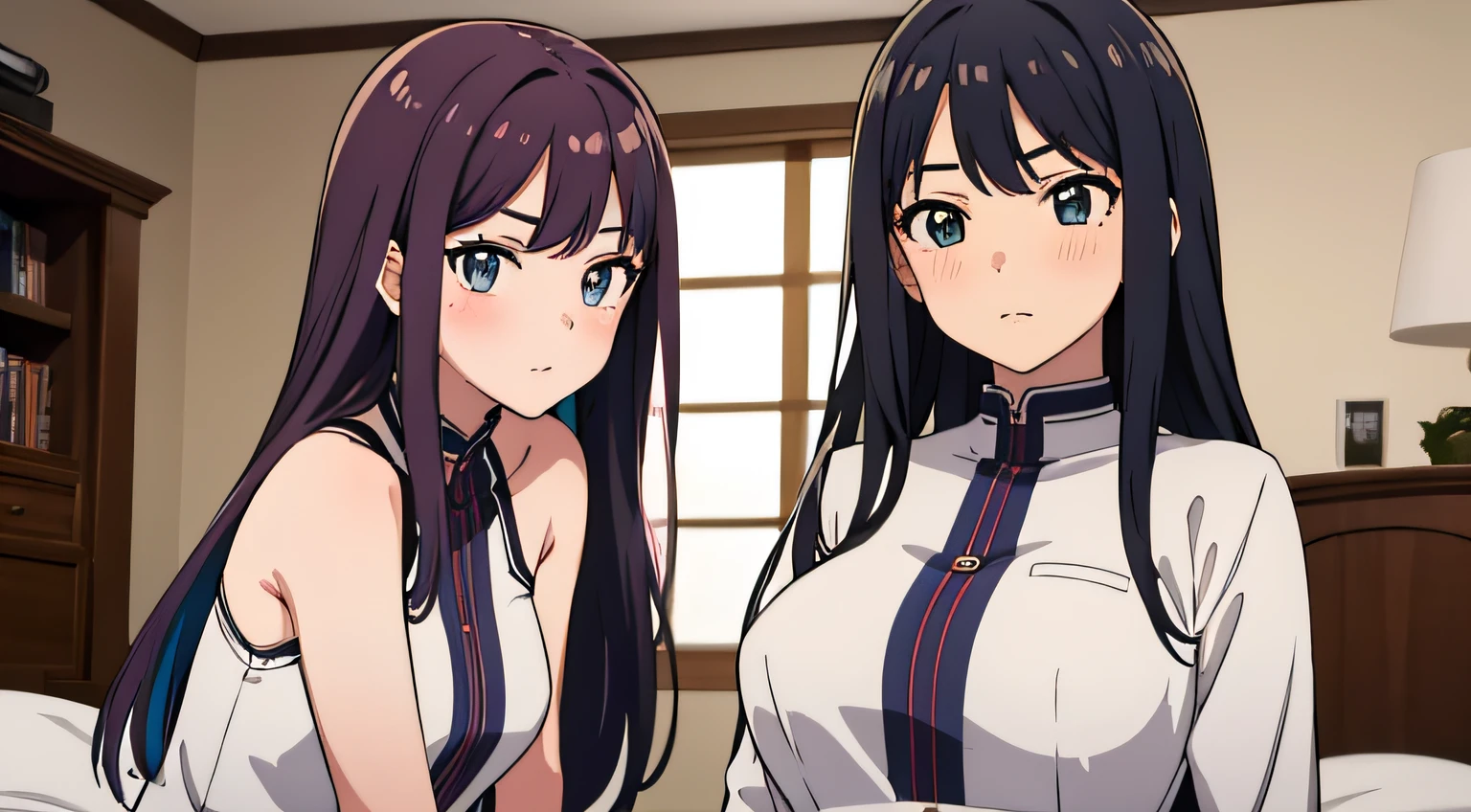 2 girls, (beautiful eyes finely detailed, multicolored hair), wearing idol uniform, sit on the bed, full body, teasing facial expression, looking at the camera, blush on their face, bedroom, master piece, sidelighting, top-quiality, detailed, High Resolution anime illustration