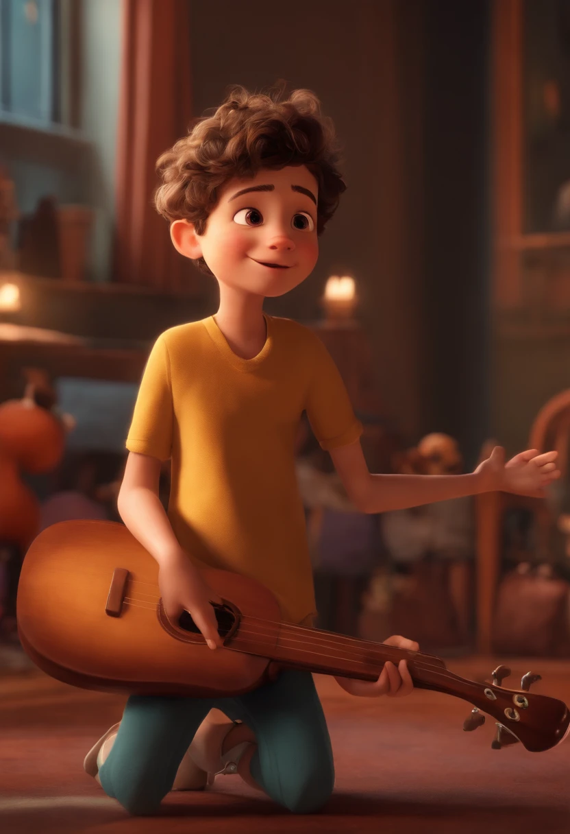 Image of a Boy for a Story in a Music Life in Pixar Format, He's the little allabester, He's the leader of a band , He's outgoing, Playful and gets up for a lot of things ,do filme viva a vida e uma festa