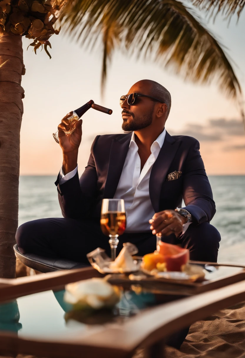 Photo of a futuristic entrepreneur man successful in life located on a beach drinking wine and with cigar in hand