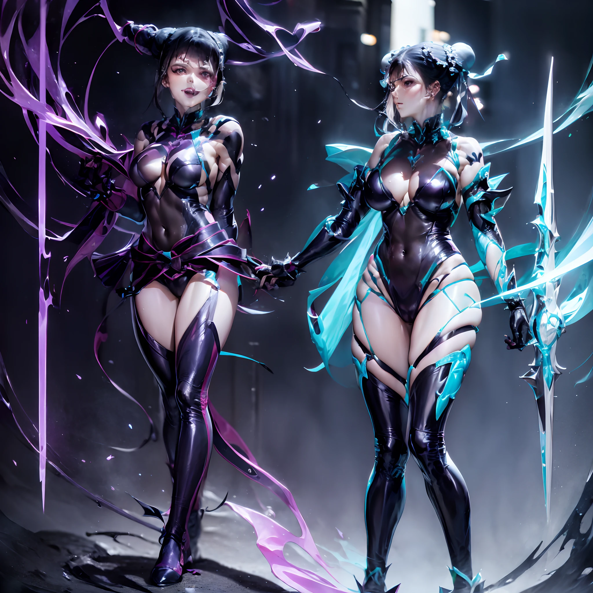 ChunLi and HanJuri.（hightquality）（The sheen）Brainwashed figure.Take it with you. slaves. Costume of Evil. Black latex. Tattoo of a heart. Crowd.