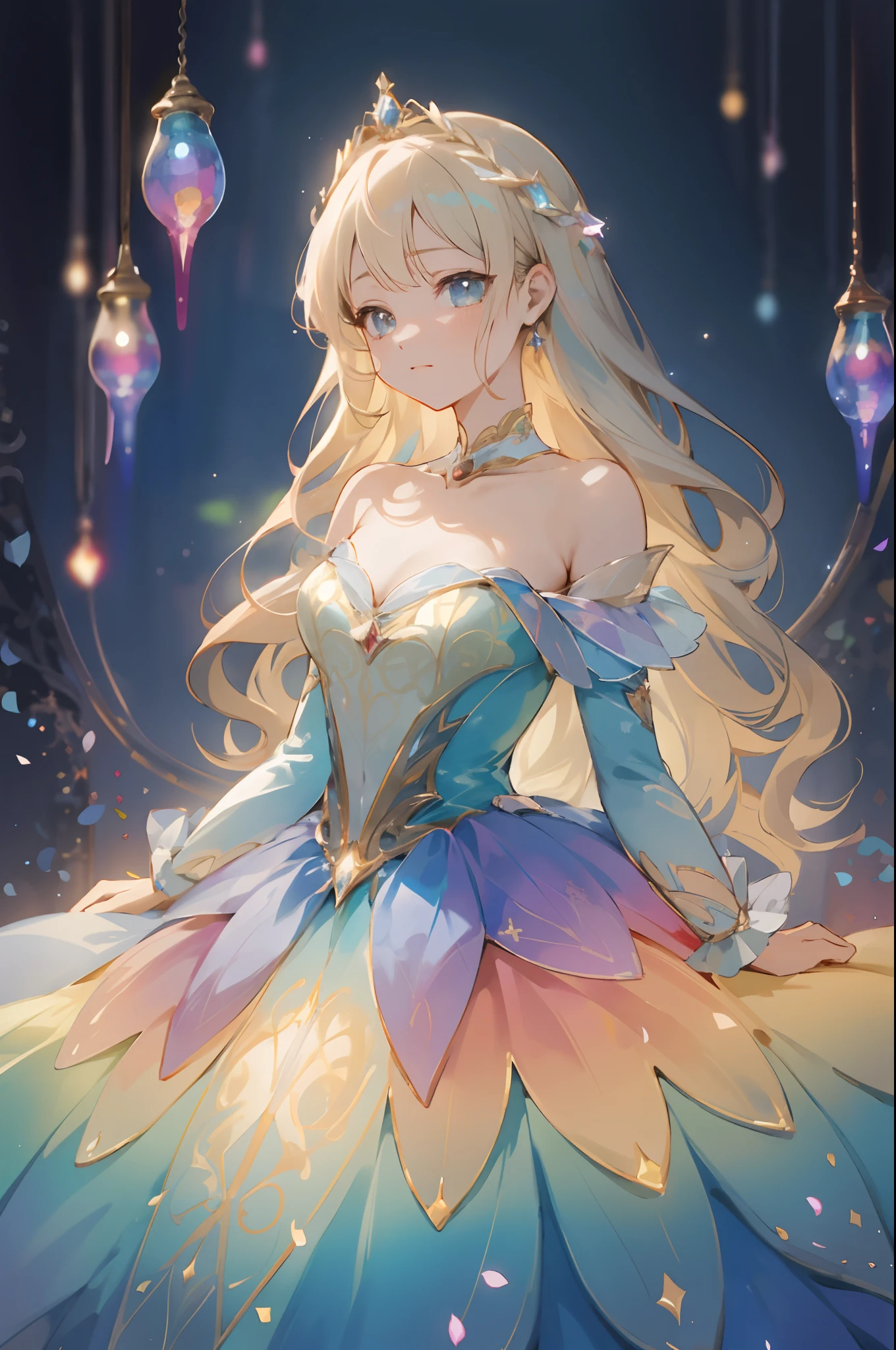 beautiful anime girl, princess, colorful fantasy princess layered ballgown, colorful rainbow layered ballgown dress, layered skirt that looks like petals, fantasia background, muted pastel colors, (masterpiece), best quality, sharp focus, intricate details, highly detailed, detailed dress design, sharp focus, high resolution, 8k resolution, beautiful face, golden ratio, perfection, perfect composition, sparkling eyes, highly detailed eyes, perfect face, beautiful, sparkling lights, dark background, cinematic lighting, long wavy blonde hair