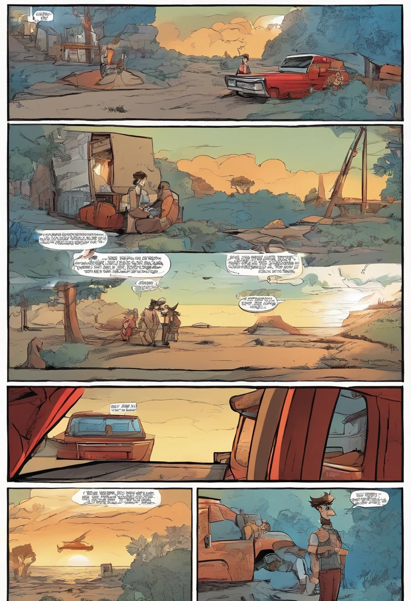 American comics, the comic story is presented in multiple irregular panels with color. The red merle Australian shepherd with light blue eyes, pointed ears, and a fluffy taklgoes through hardships while running away from home and then reunites with its owner. The style is exaggerated and detailed