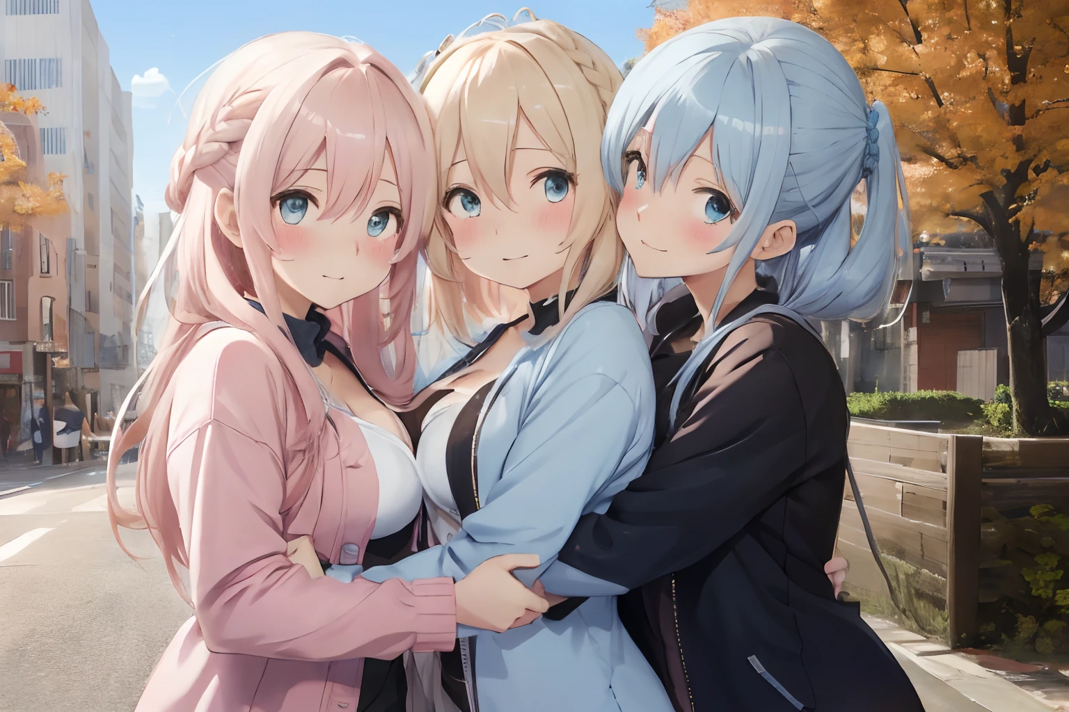 Modern City,fluffy hair,lightblue hair,a blond,Light pink hair,Katyusha,Braids,Autumn outfit,Short clothing that shows the buttocks,The sleeves of the clothes are a little long,I see a little cleavage,Moe Sleeve,Dating,Multiple people hugging each other,Hugging,watching each others eyes,Facing each other,blushing with embarrassment,Happy expression on face,Holding hands,Arms crossed,Flirting with a close-knit body