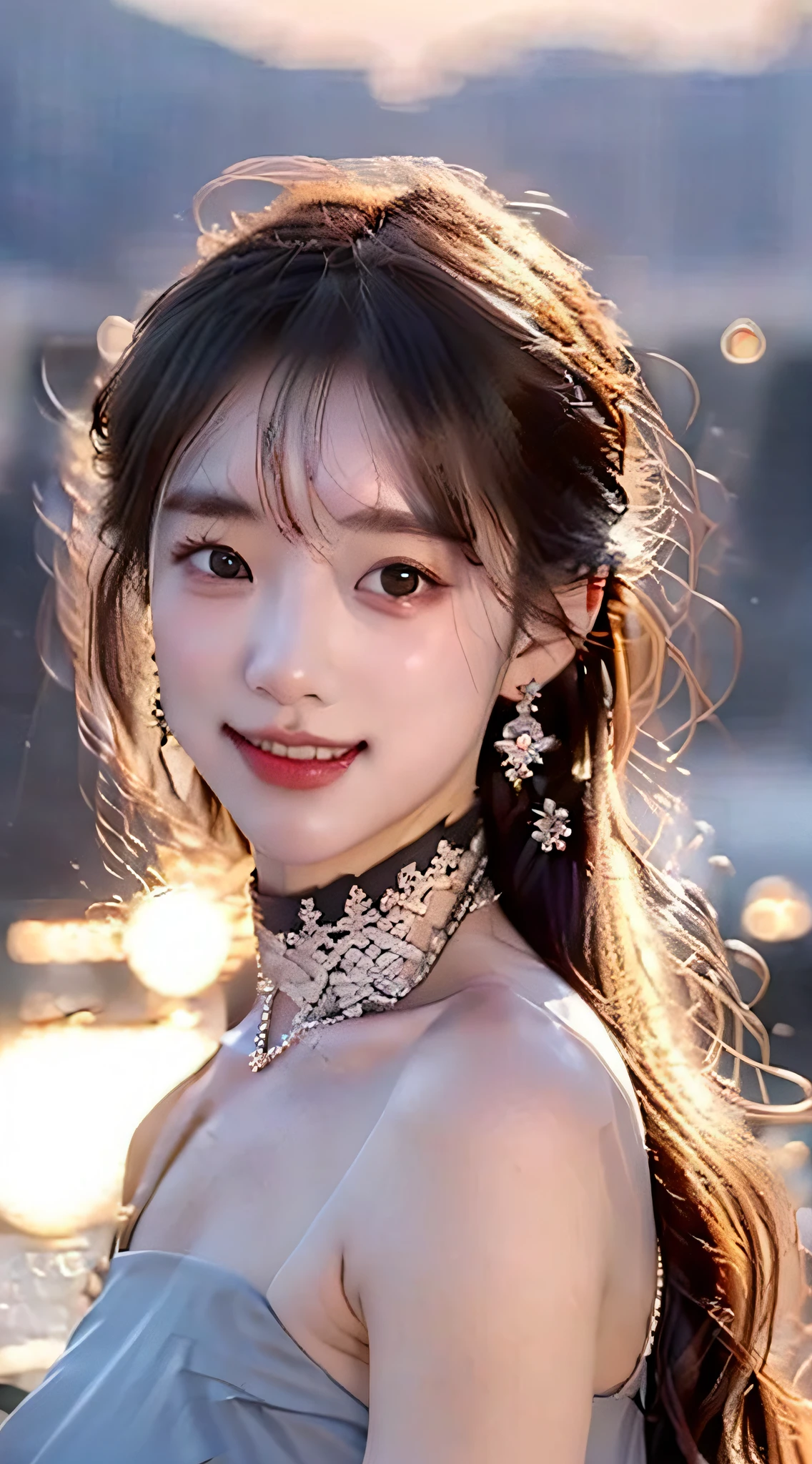 (8K, Top quality, Masterpiece: 1.2), (Realistic, Photorealistic: 1.37)1girll, Real beauty, largeeyes，black_mitts, brown_Hair, choker necklace, Earrings, mitts, jewelry, Black lace dress, ,short detailed hair, Smile, Solo, temperament,