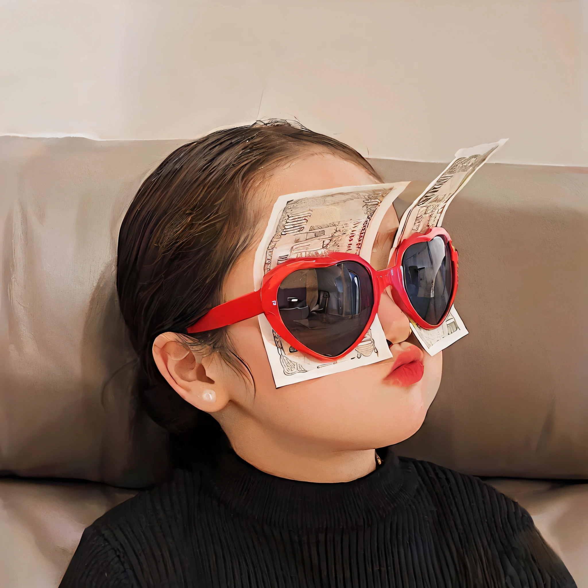 There is a young girl wearing sunglasses and a pair of money, funny sunglasses, 2 0 2 0 fashion, Cool sunglasses, Cool glasses, Wearing cool sunglasses, wearing red tainted glasses, Shot on Canon EOS R 6, 🚀🌈🤩, Red sunglasses, With sunglasses, with sunglass, 🪔 🎨;🌞🌄, big sunglasses