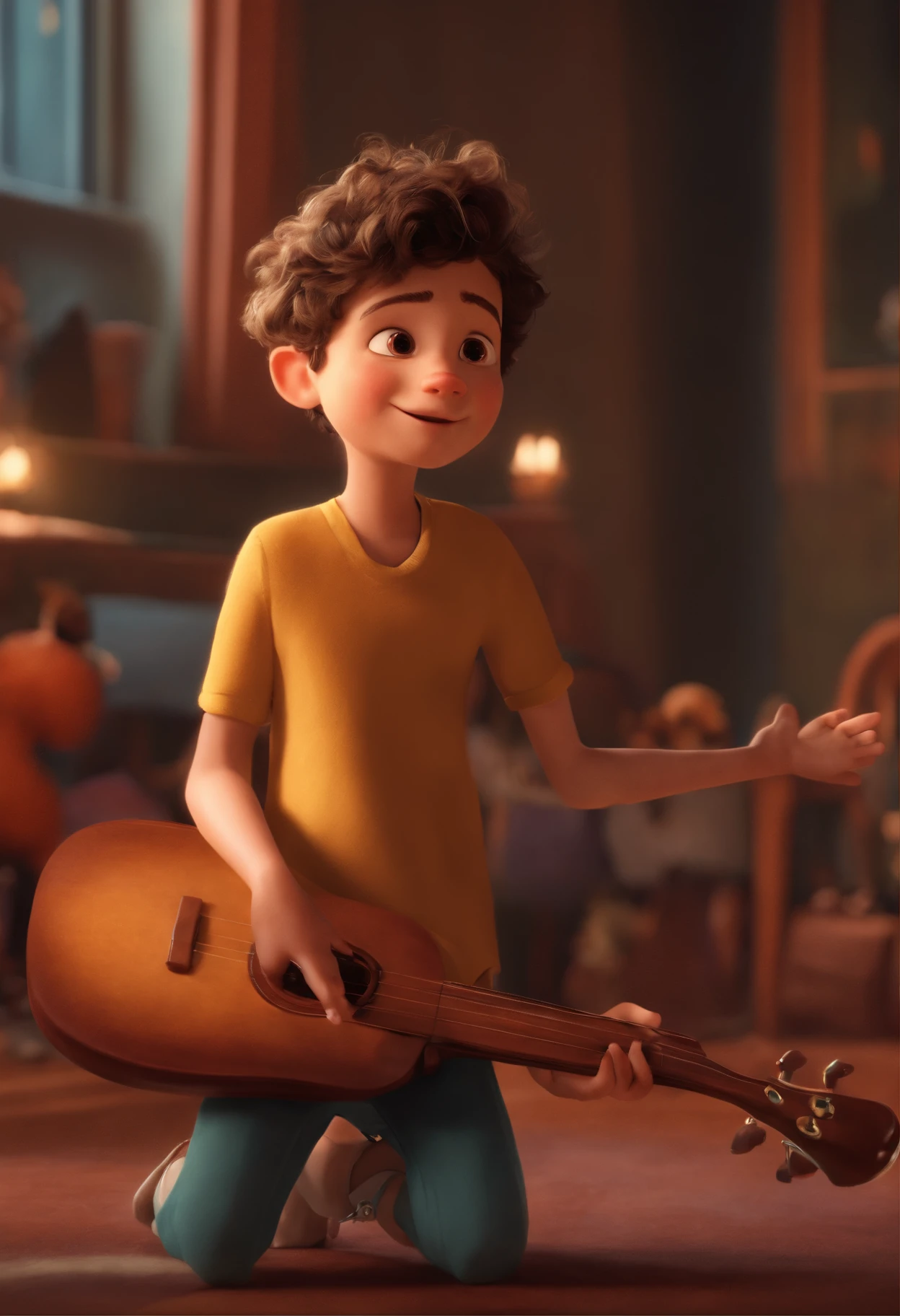 Image of a Boy for a Story in a Music Life in Pixar Format, He's the little allabester, He's the leader of a band , He's outgoing, Playful and gets up for a lot of things ,do filme viva a vida e uma festa